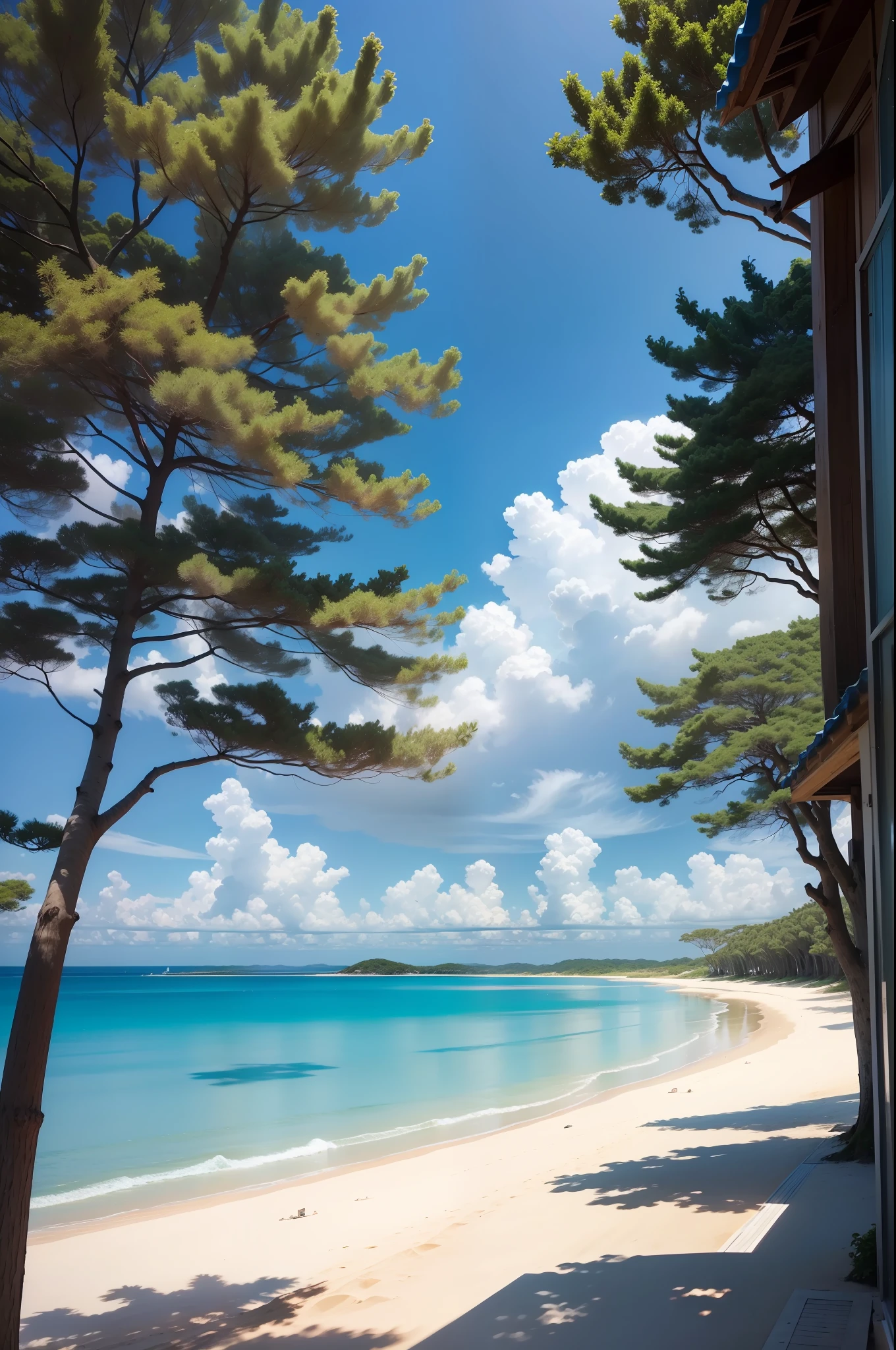 Deep blue,Render the vastness of the sky and sea。Away from the sea,Through the shade of the trees,It is as if you can feel the hot scorching sand beach。