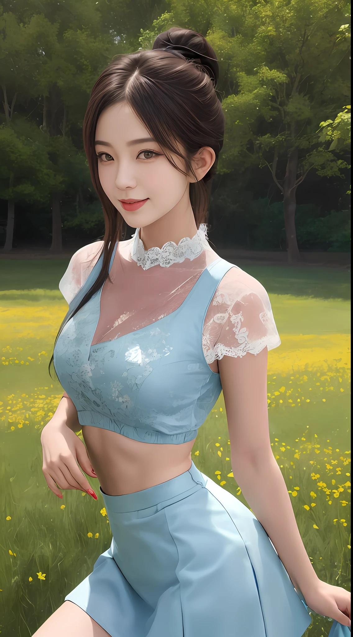 DSLR camera quality, 超高分辨率,Wear a lace transparent T-shirt,Floral skirt,F cups seductively tall breasts,beautifullegs,Leaky umbilicus,Floral skirt,A beautiful 23 year old girl with blue sky and green meadows in background,With a double ponytail,Authentic full-body photos,Beautiful black pupils,eyes with brightness,二重まぶた,tall nose bridge,Sweet smile,High details delicate fair skin,photo-realistic,exquisite and complete facial features,Detailed depiction of the face,Delicate hair,Sexy temperament,Fill your face light,Golden ratio figure,Anterior convex and posterior,Delicate and perfect body art,closeup of face,8k 壁纸,Ultra-fine face,A detailed description of the facial features, Hand manicure,Lip biting makeup, Sweet smiling, Exquisite and perfect facial features,hair adornments, 超高分辨率,50 million pixel quality,