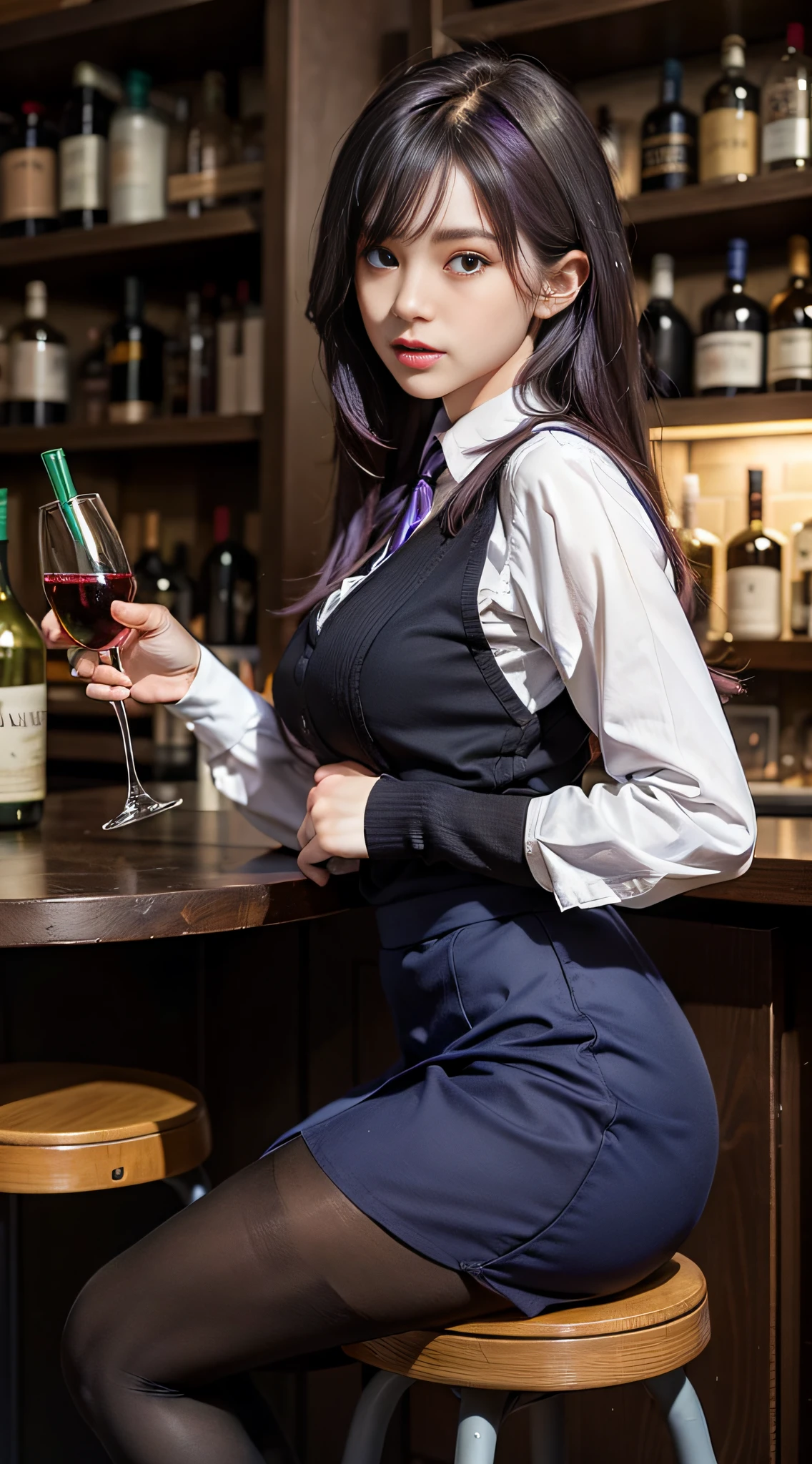 Masterpiece,best qualtiy,Photorealistic,ultra hires,8K,1girll, jill_stingray, alcohol, double tails, Bottle, Pantyhose, purple_Hair, Bar, arm_supportive, Drinking_glass, Solo, purple_Eyes, Long_Hair, Breasts, whiskey, Long_Sleeves, bookshelf, Ccup, Skirt, Looking_at_peeping at the viewer, Bartender, Sitting, Table, Indoors, Wine_Bottle, stool, book, bangs