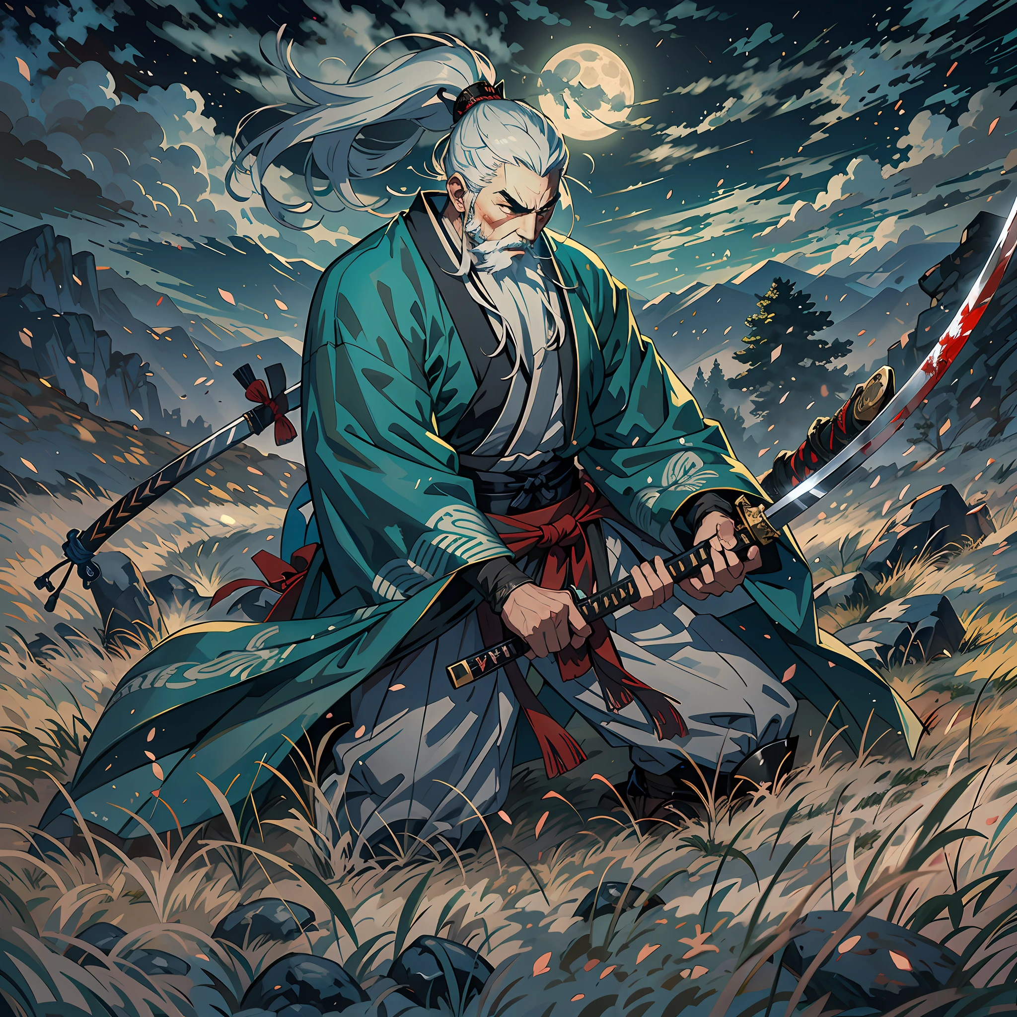 The Sword Saint Ichigami is a legendary warrior and founder of the Ashina clan. He is an old man with white hair and a beard, wearing a blue kimono with a black pattern and a white cloak. He carried a katana and a spear. He also had a gun hidden in his sleeve. He waits for Sekiro on the large meadow, who fights his grandson Genichiro Ashina for the first time. The fields were littered with blood and the bodies of soldiers killed in battle. The sky was dark, stormy, and occasionally lightning. Isshin appears from Genichiro's body after sacrificing himself to use the Black Mortal Blade to resurrect Genichiro. He respects Sekiro as a worthy opponent and challenges him to fight a final duel for Ashina's fate. moon, dark theme, light, fantasy,