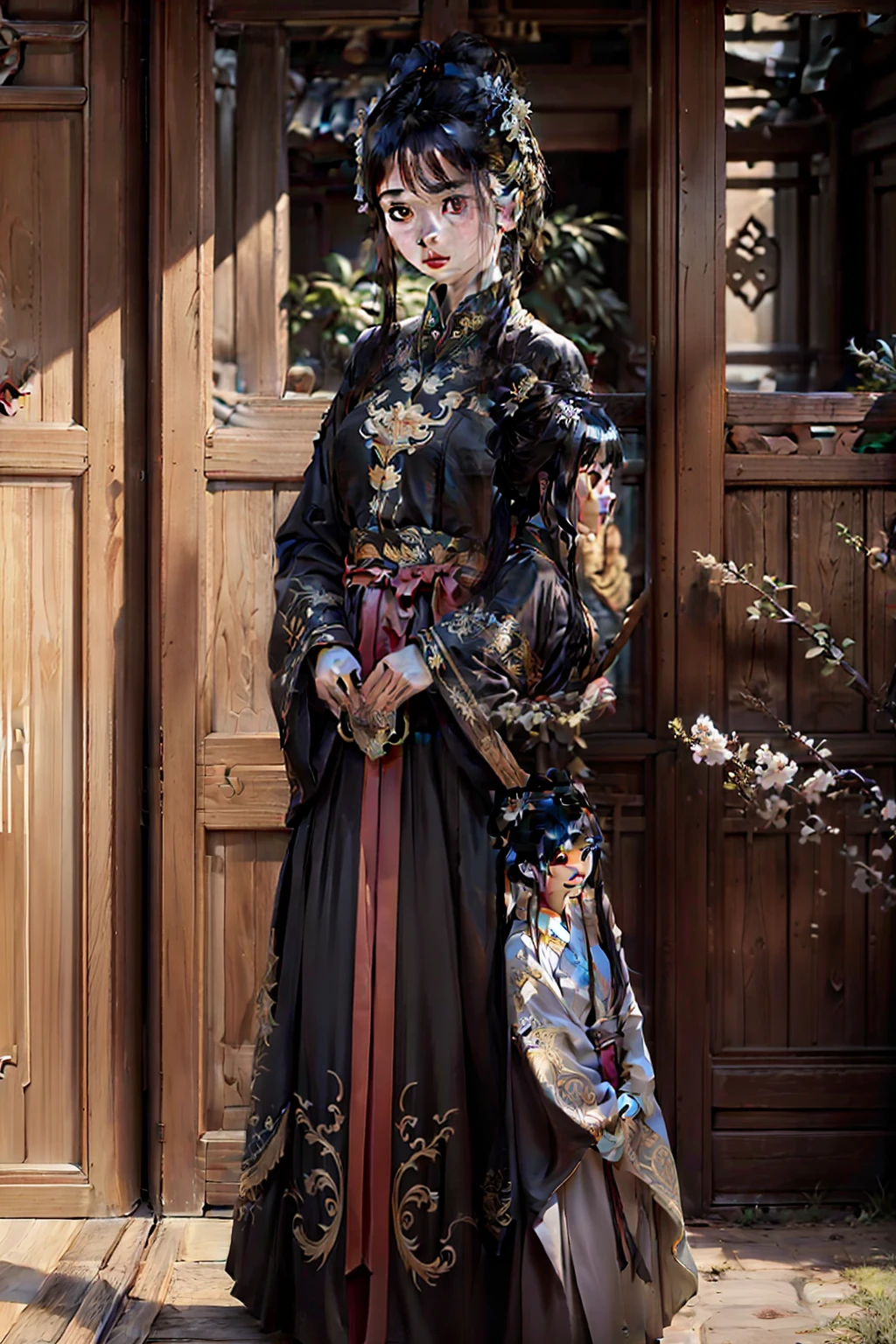 Facing the camera, Symmetrical face, Elegant -yeld wo from the Tang Dynasty, Ultra-realistic and highly detailed skin textures, Wear a bun，He wears a palace flower on his head, And her silk hanfu is beautifully embroidered. The overall style is minimalist, epic ink blending shot, amazing epic chinese ancient themewater&Ink style, hyper HD, High detail, High quality --niji 5 --AR 3:4 - Relax