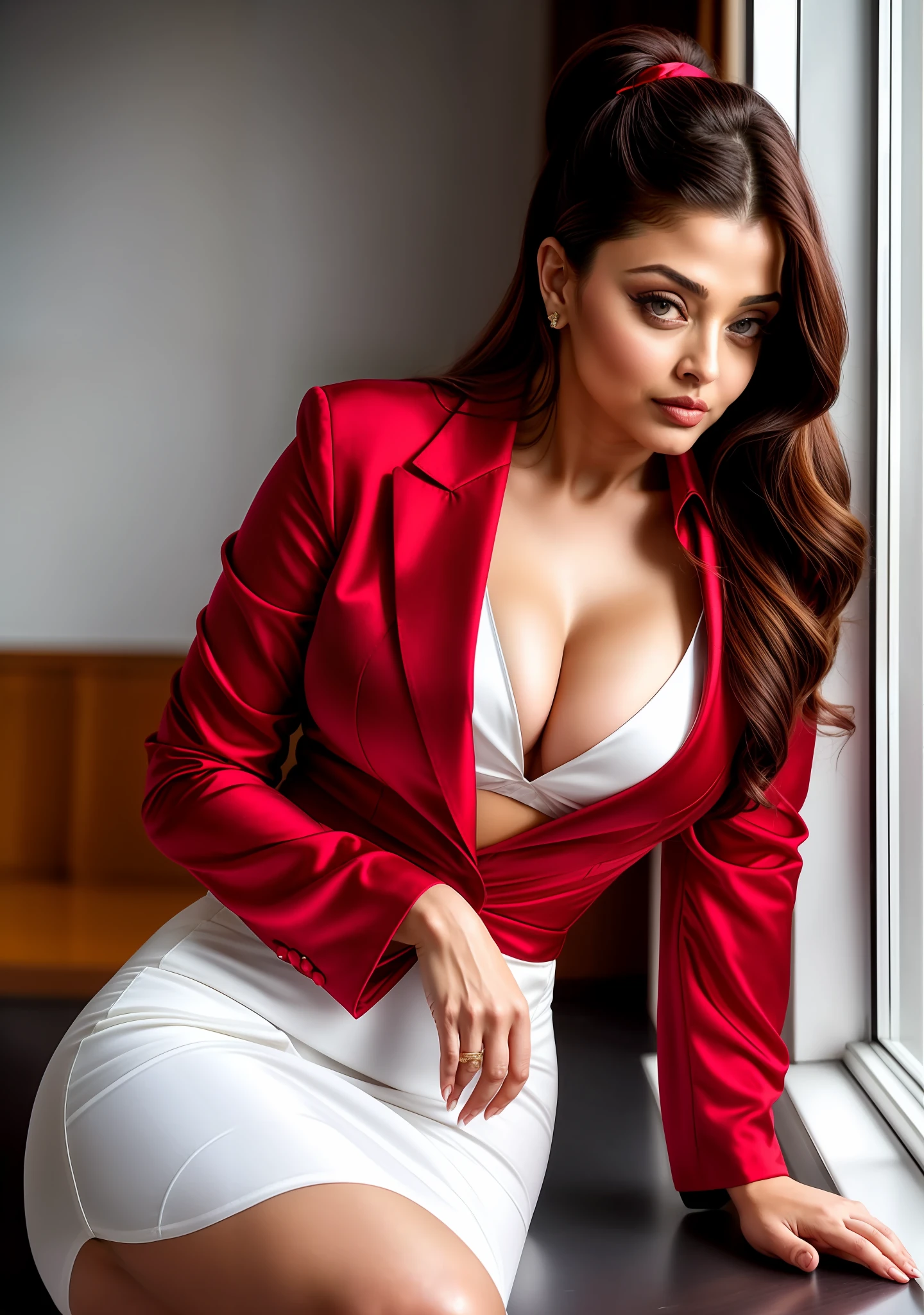 Aishwarya rai as corporate lady, red sexy satin suit with white satin open shirt, open unbuttoned coat, high heels, athletic fit curvy milf body, high tied up high ponytail hair, seductive pose in balcony, day scene, hourglass figure, big breasts, fit, seductive face, look at camera and wink, erotic adult face, 40 yo, soft volumetric lights, intricate details, (ArtStation:1.2)