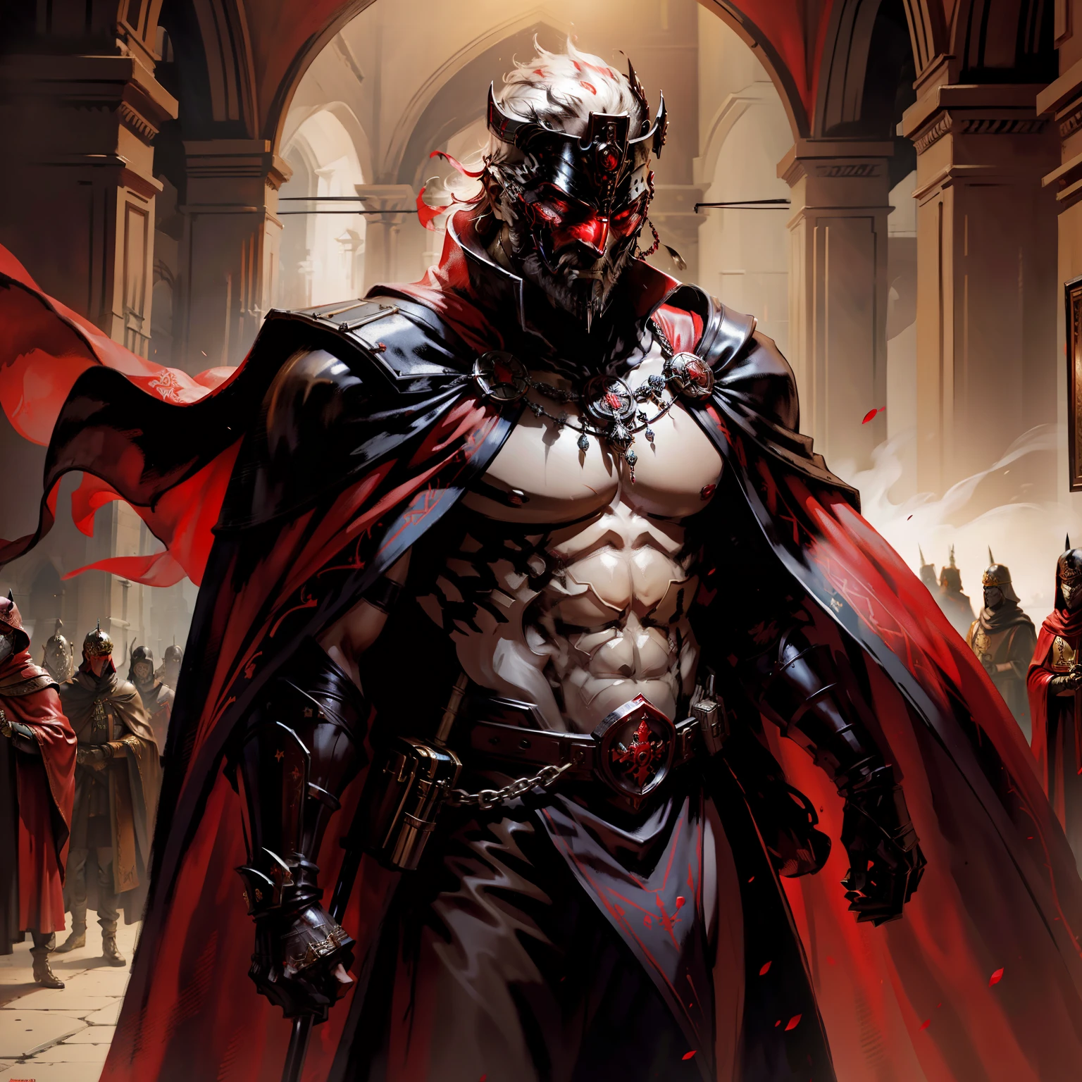 the emperor，medieval times，male people，Middle aged，Red cape，religion，Wear a mask，righteous