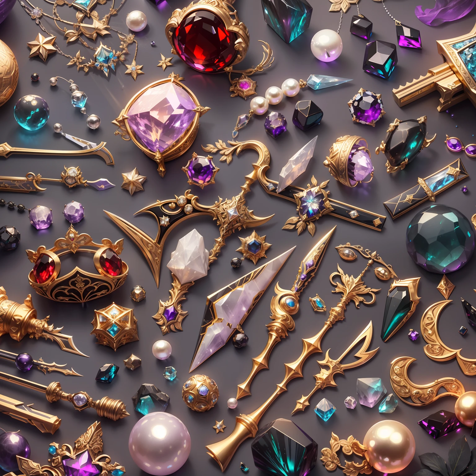 in the style of futuristic,(Full Focus:2),(Everything is laid out in a display case:1.3),(ore|Luxury weapons|obsidian|pearls|hisui|white jade|amethyst|sapphires|Gold products|Silver products|Purple gold|Magical jewelry|antiquarian|Red Jewel|Diamond|topaz|:2),Magic symbols,Magic light particle effect,High-tech luxury, High-value jewelry,,High-value metals,luxury goods,Puzzles are prohibited, Detailed and complex background, glittery, reflective light, hyper HD, Award-Awarded, A high resolution, High detail, Chiaroscuro, Cinematic lighting, Masterpiece, Ray traching,structurally correct, Super detail, High quality, High details, Best quality, 16k