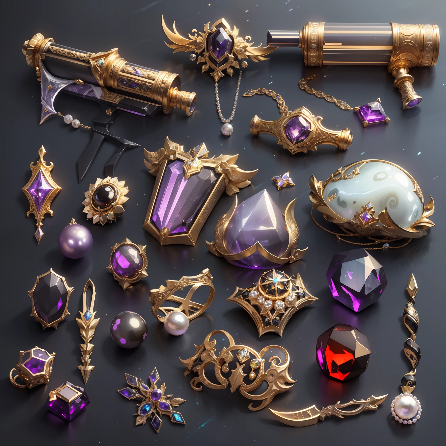 in the style of futuristic,(Full Focus:2),(Everything is laid out in a display case:1.3),(ore|Luxury weapons|obsidian|pearls|hisui|white jade|amethyst|sapphires|Gold products|Silver products|Purple gold|Magical jewelry|antiquarian|Red Jewel|Diamond|topaz|:2),Magic symbols,Magic light particle effect,High-tech luxury, High-value jewelry,,High-value metals,luxury goods,Puzzles are prohibited, Detailed and complex background, glittery, reflective light, hyper HD, Award-Awarded, A high resolution, High detail, Chiaroscuro, Cinematic lighting, Masterpiece, Ray traching,structurally correct, Super detail, High quality, High details, Best quality, 16k