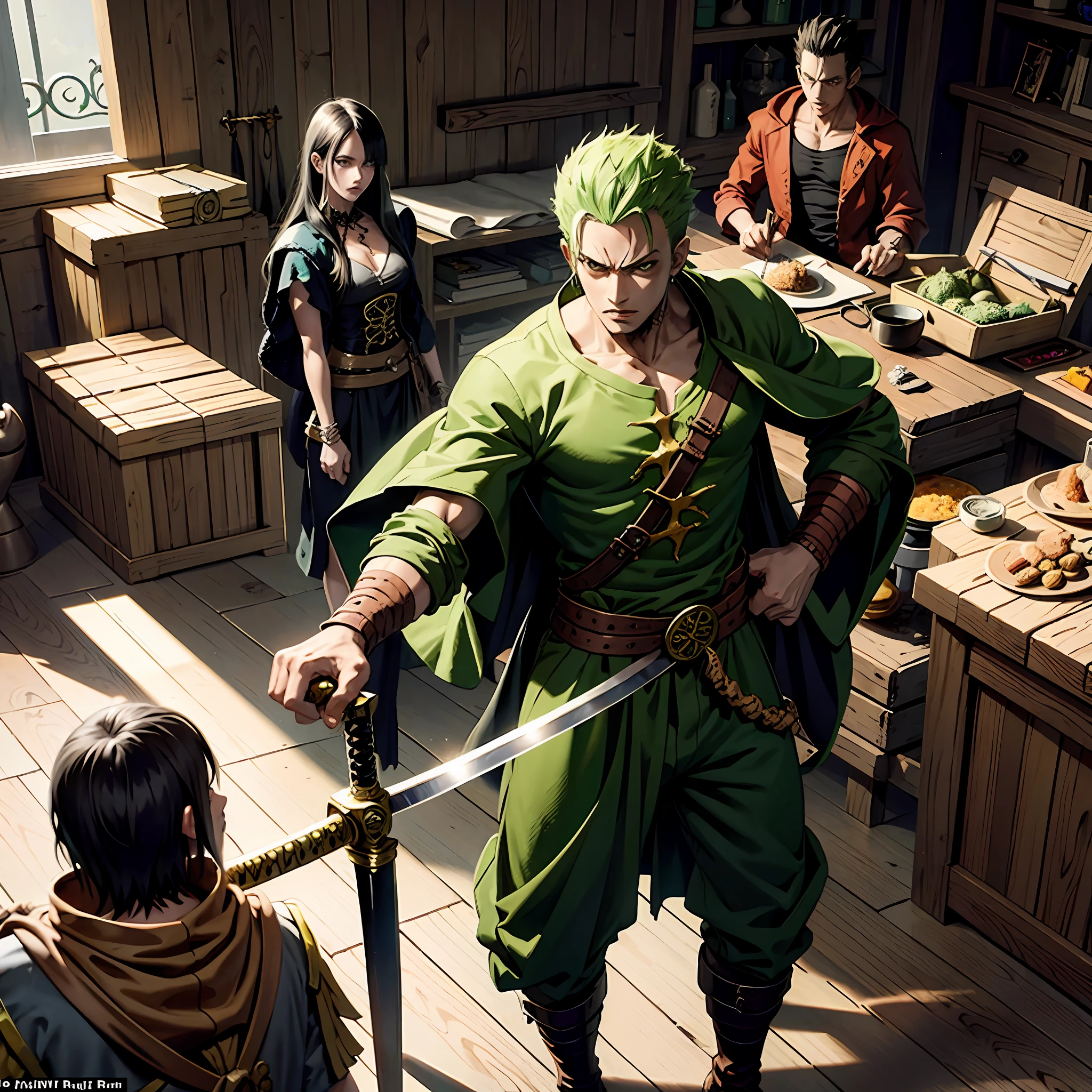 Dungeons and Dragons estilo de personagem, inspirado zoro do anime one piece, segurando uma espada katana longa sobre o ombro