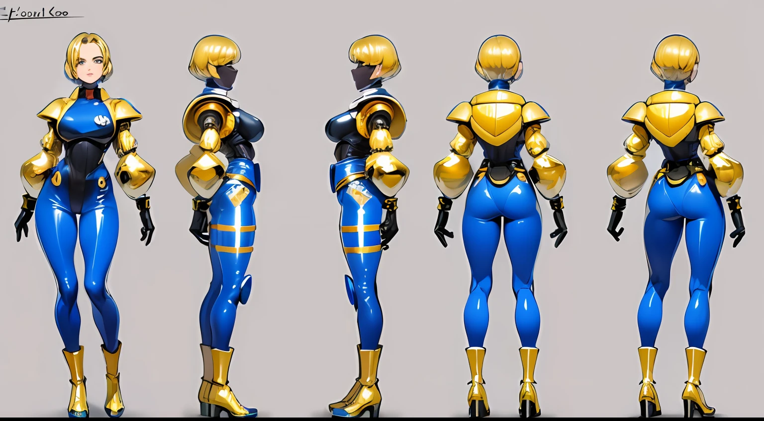 masterpiece, Anne-Marie Alto as space cadet, ((golden chrome suit)), detailed face, fullbody, character sheet, many items, many details, different angles, different poses, same person