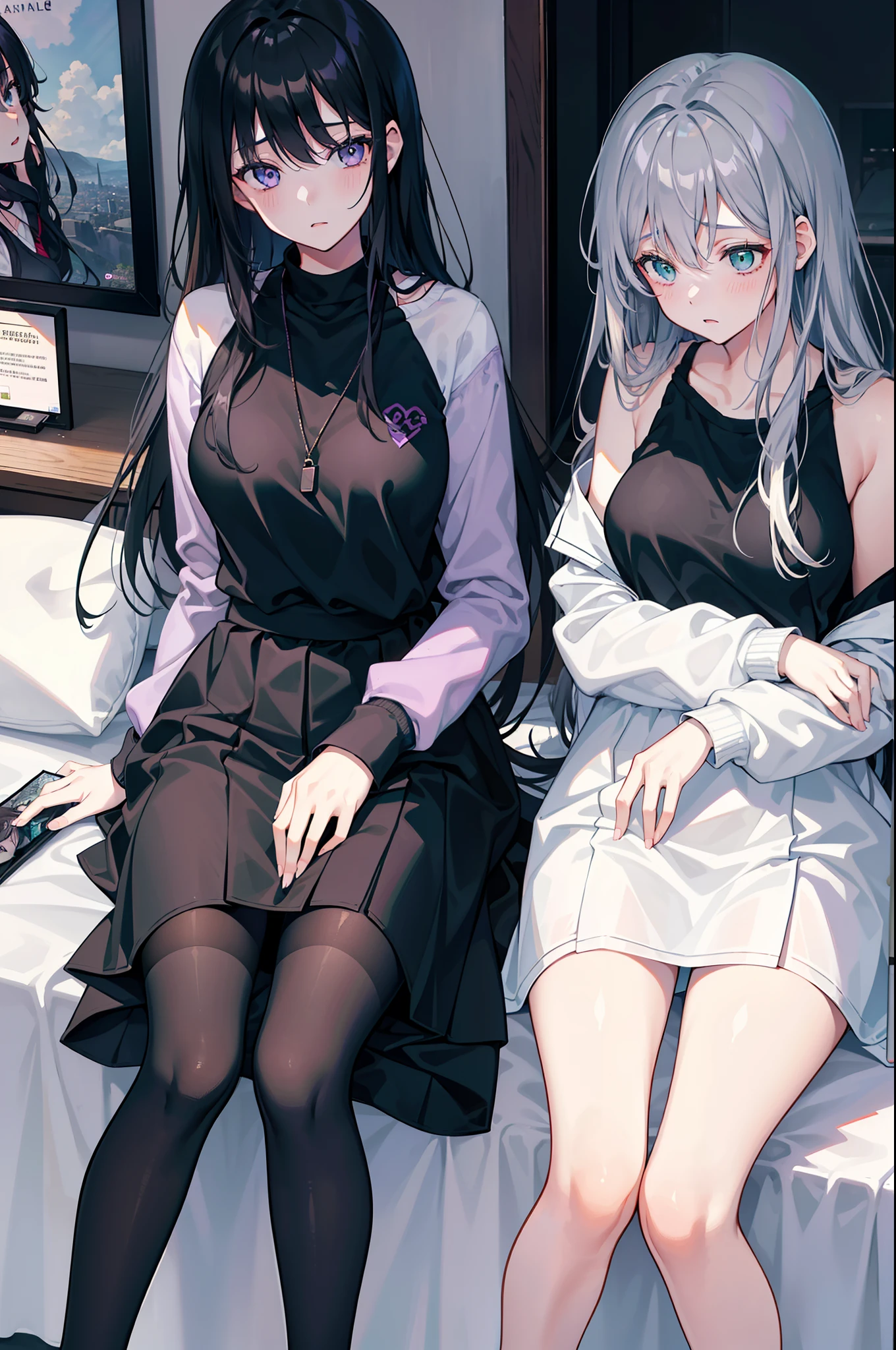 2girls, One has long black hair....., purple eyes..., The other has long ash-gray hair....., green eyes..., High Quality, couple , Girls love girls..........., Yuri ,A Beautiful Girl, lesbian, lover ,. love., . Expressions of love. lover. date. , Streetwear. jacket ,Room