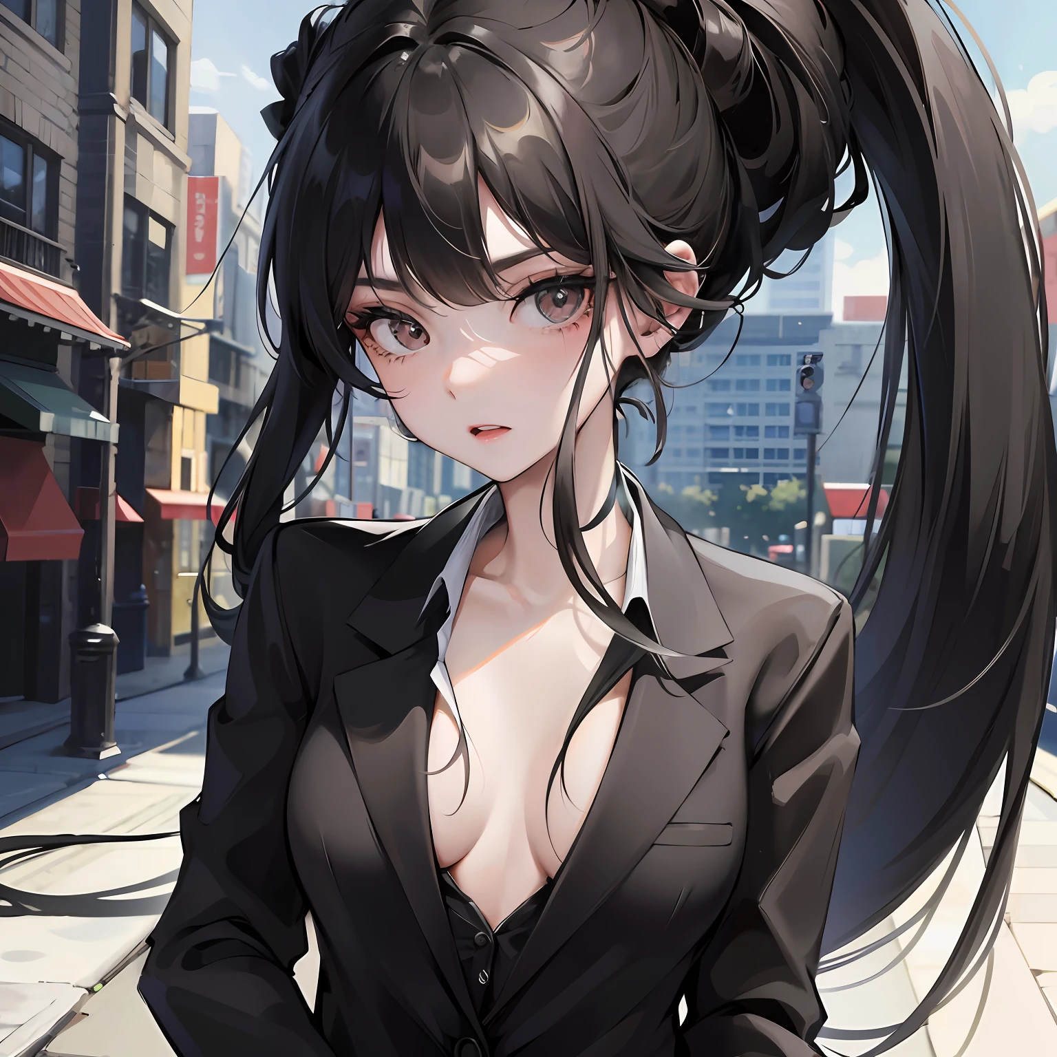 1girl, long black hair in a ponytail,wearing a black suit for a girl that fits,city,absurdres,high res,ultrasharp,8K, masterpiece,looking at viewer,closeup