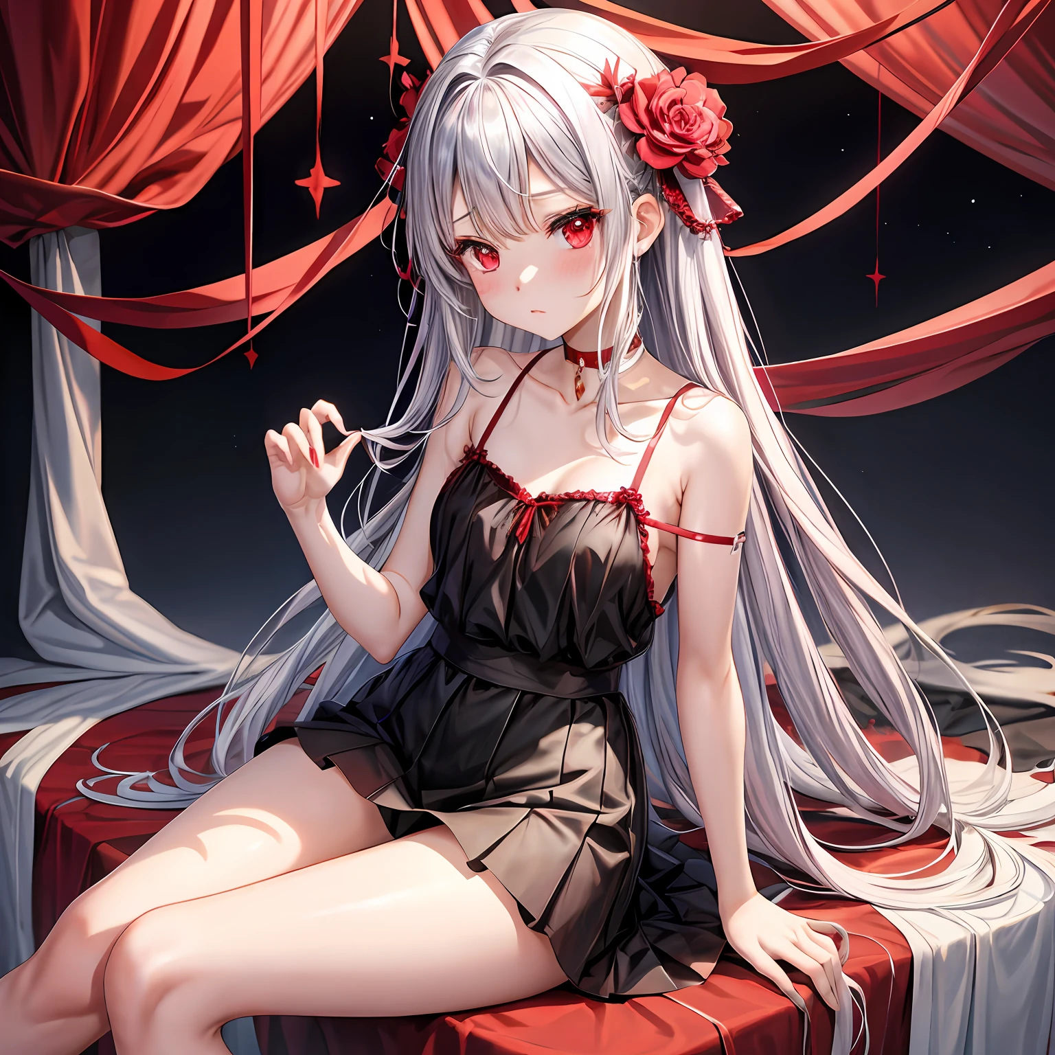 silber hair、red eyes、One pretty girl、独奏、animesque、flower  field、red blush、Black camisole、a miniskirt、Sitting on a chair、Underwear is slightly visible