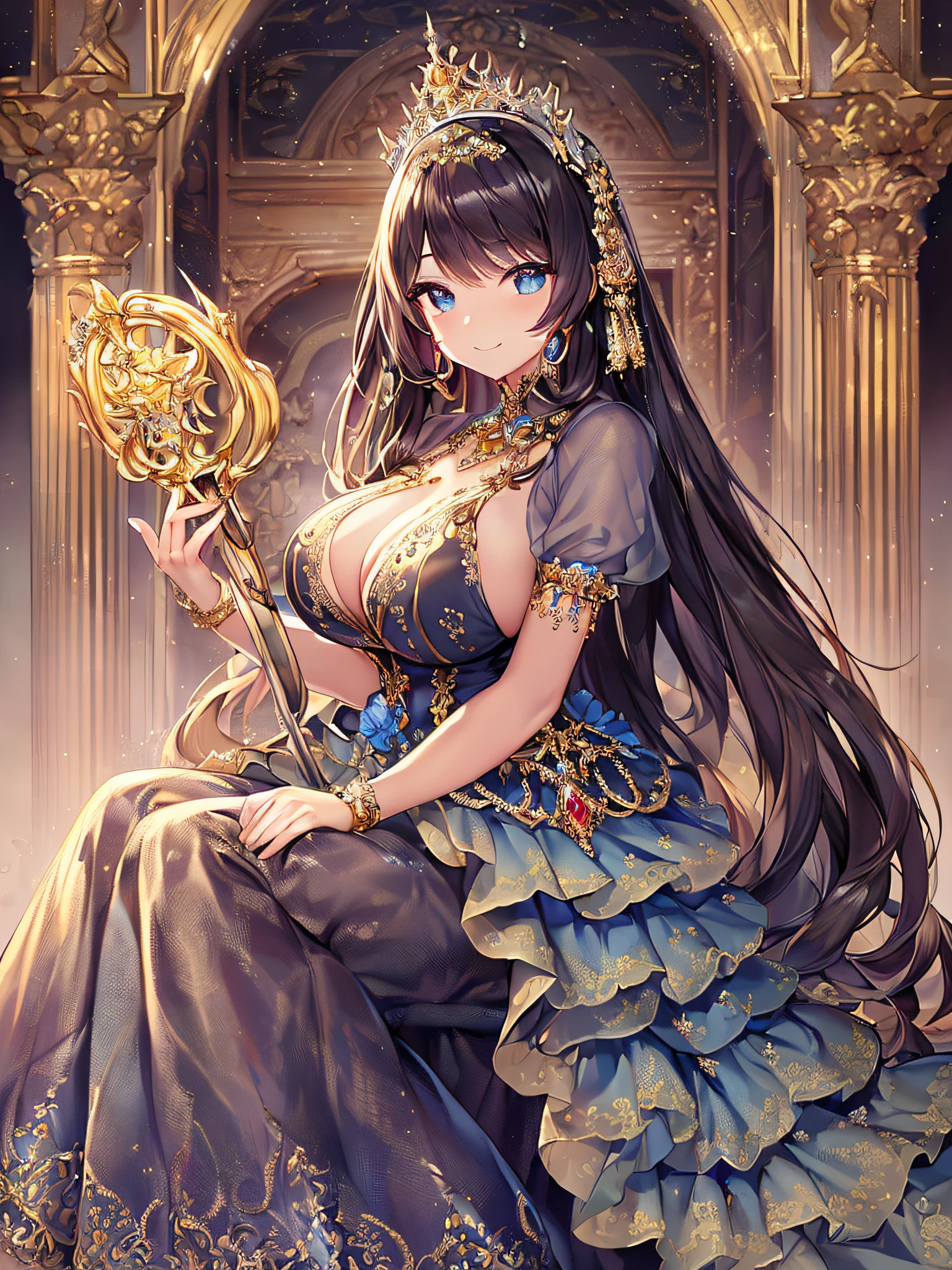 ((anime artstyle)),(Masterpiece),(Best Quality), (Super Detail),((Very Delicate and Beautiful)),(((Solo))),((full body)),((((milf)))),(((1 queen in beautiful embroidery and jeweled bling-bling gorgeous rococo ball gown dress with voluminous full length hoop skirt sitting on the throne))),((bling-bling)),Long train,((sitting on the throne,holding a scepter)),(bling-bling gorgeous gemstone jewelry),detailed face and eyes,jewel-like eyes,seductive smile,((large amount of straight hair,extremely voluminous Very Long Hair,Very Long Straight Hair)),(((gigantic tits,Long tits))),cleavage,(gorgeousfull embroidery and lace),gorgeous corsage,See-through,extremely gorgeousfull hair ornament,(bling-bling extremely gorgeousfull jeweled tiara),ornate ruffles,(hoop skirt,crinoline),((Dynamic Angle)),Looking at viewer,((full body)),((beautiful embroidery and jeweled extremely gorgeous rococo ball gown dress with voluminous full length hoop skirt))