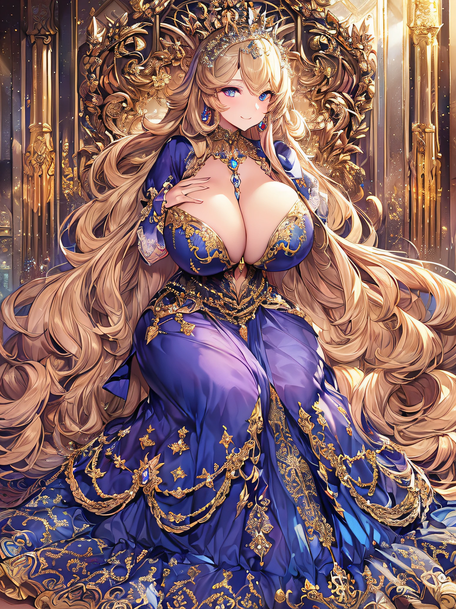 ((anime artstyle)),(Masterpiece),(Best Quality), (Super Detail),((Very Delicate and Beautiful)),(((Solo))),((full body)),((((milf)))),(((1 queen in beautiful embroidery and jeweled bling-bling gorgeous rococo ball gown dress with voluminous full length hoop skirt sitting on the throne))),((bling-bling)),Long train,((sitting on the throne,holding a scepter)),(bling-bling gorgeous gemstone jewelry),detailed face and eyes,jewel-like eyes,seductive smile,((large amount of straight hair,extremely voluminous Very Long Hair,Very Long Straight Hair)),(((gigantic tits,Long tits))),cleavage,(gorgeousfull embroidery and lace),gorgeous corsage,See-through,extremely gorgeousfull hair ornament,(bling-bling extremely gorgeousfull jeweled tiara),ornate ruffles,(hoop skirt,crinoline),((Dynamic Angle)),Looking at viewer,((full body)),((beautiful embroidery and jeweled extremely gorgeous rococo ball gown dress with voluminous full length hoop skirt))