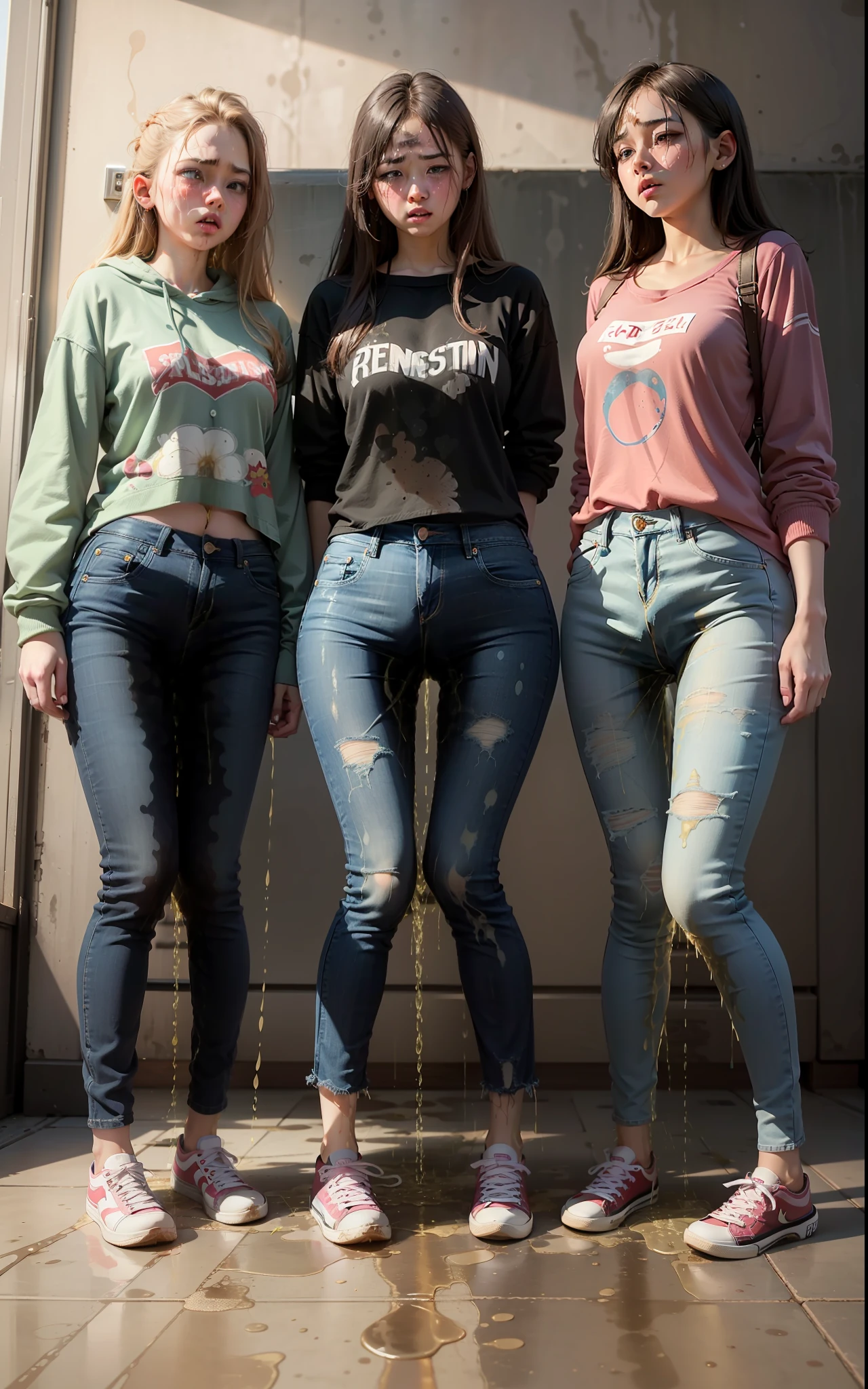 masterpiece, best quality, high resolution, (3girls), 20 years old, (blue jeans pants), full body, blush, worried, park, (((((((pee stain)))))))