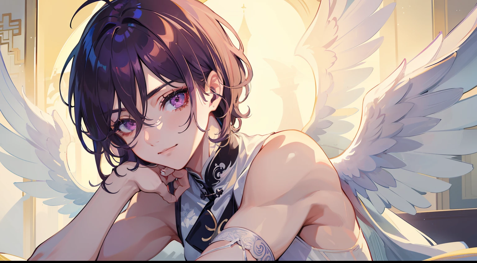 god smile,(((guy))), (((man))), (((male))),(((masterpiece))), (((beautiful lighting))),(((lower eyelashes))), (((tareme))),1boy,male focus, muscular,young,20 years old, male face,male eyebrows, male eyes,looking_down, eyelashes, medium hair, messy hair, purple hair, disheveled hair, Beautiful face, v-shaped_eyeblow,white skin,Transparent wings,chinese_clothes, garter_straps, see-through,Buddha's light shines back, holy,