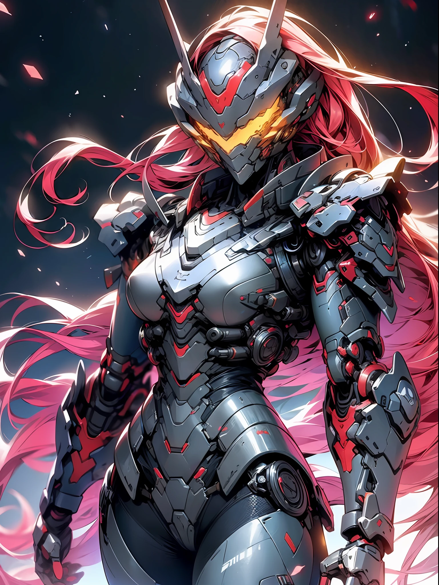 (masterpiece,best quality: 1.2),(ultra-detailed face),(no headgear),Her armor glows red as the neon city lights dance across its mechanical surface. Intricate cybernetics empower her movement with inhuman speed and strength. She strides silently through theLower Sectors, the alleyways bathed in the crimson radiance of her futuristic suit. In her grip is an energized longsword, its edges humming with plasma, ready to dispense justice. She is the guardian that watches over this city, though few know her name. Criminals whisper rumors of the Crimson Knight, a cybernetically enhanced warrior sworn to protect the innocent. They speak of her inhuman reflexes and her blazing sword that cuts through any defense. How she appears from the shadows, a blur of red bringing swift judgment. Tonight her sensors have detected injustice brewing once more in these lawless streets. As the city sleeps, she alone stands vigilant, a silent sentinel keeping watch. Her cybernetic systems begin to target threats as she prepares to fight for those who cannot defend themselves. The Crimson Knight is ready, and justice will be dealt swiftly tonight.