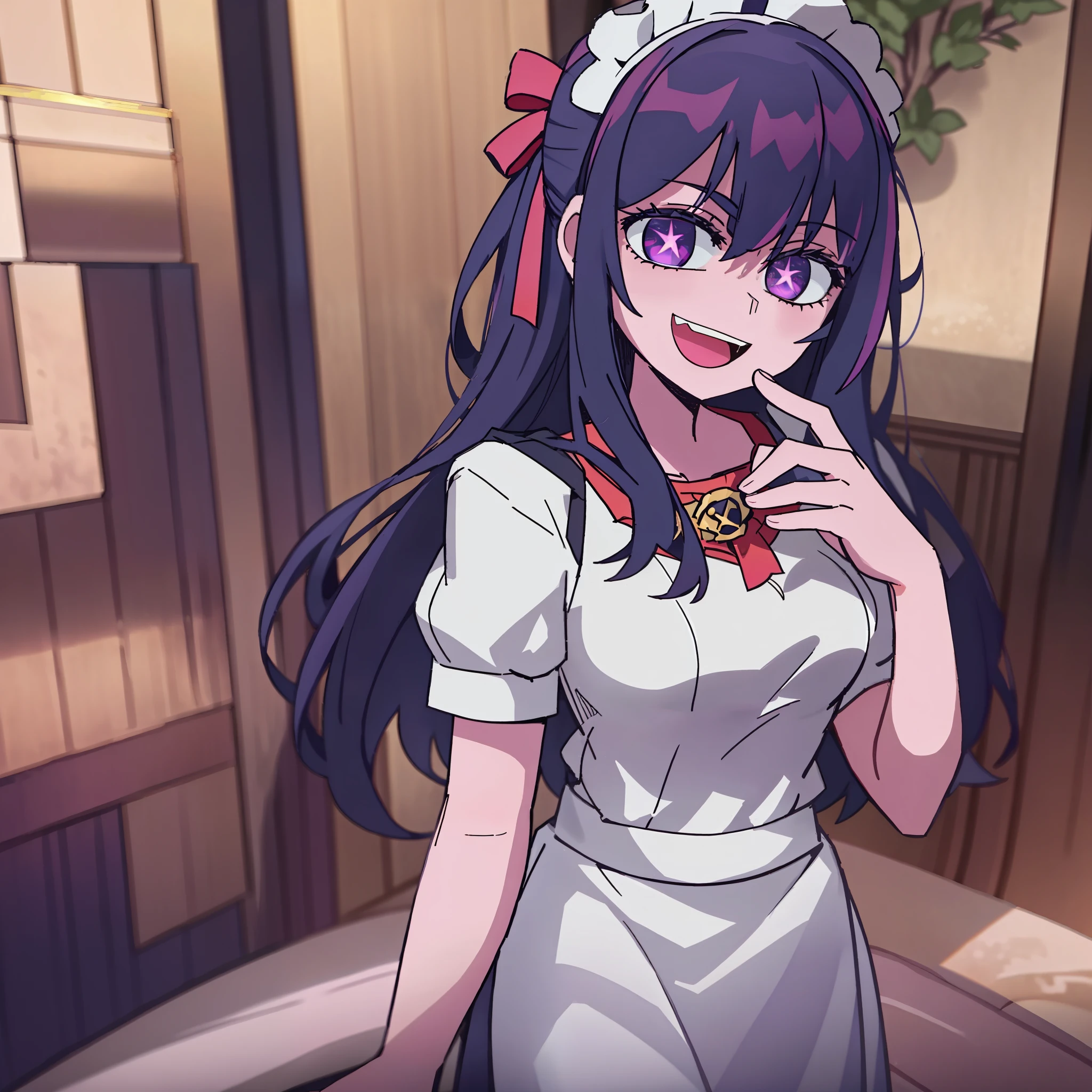 2D, tmasterpiece, Best quality at best, Very detailed eyes, very vey very detailed face, cowboy lens, The feet are outside the frame, 1girll, 独奏, standing on your feet,1girll,((There is a five-pointed star in the eye))Gorgeous Hair in Long Purple,Smile,Open mouth,the maid outfit