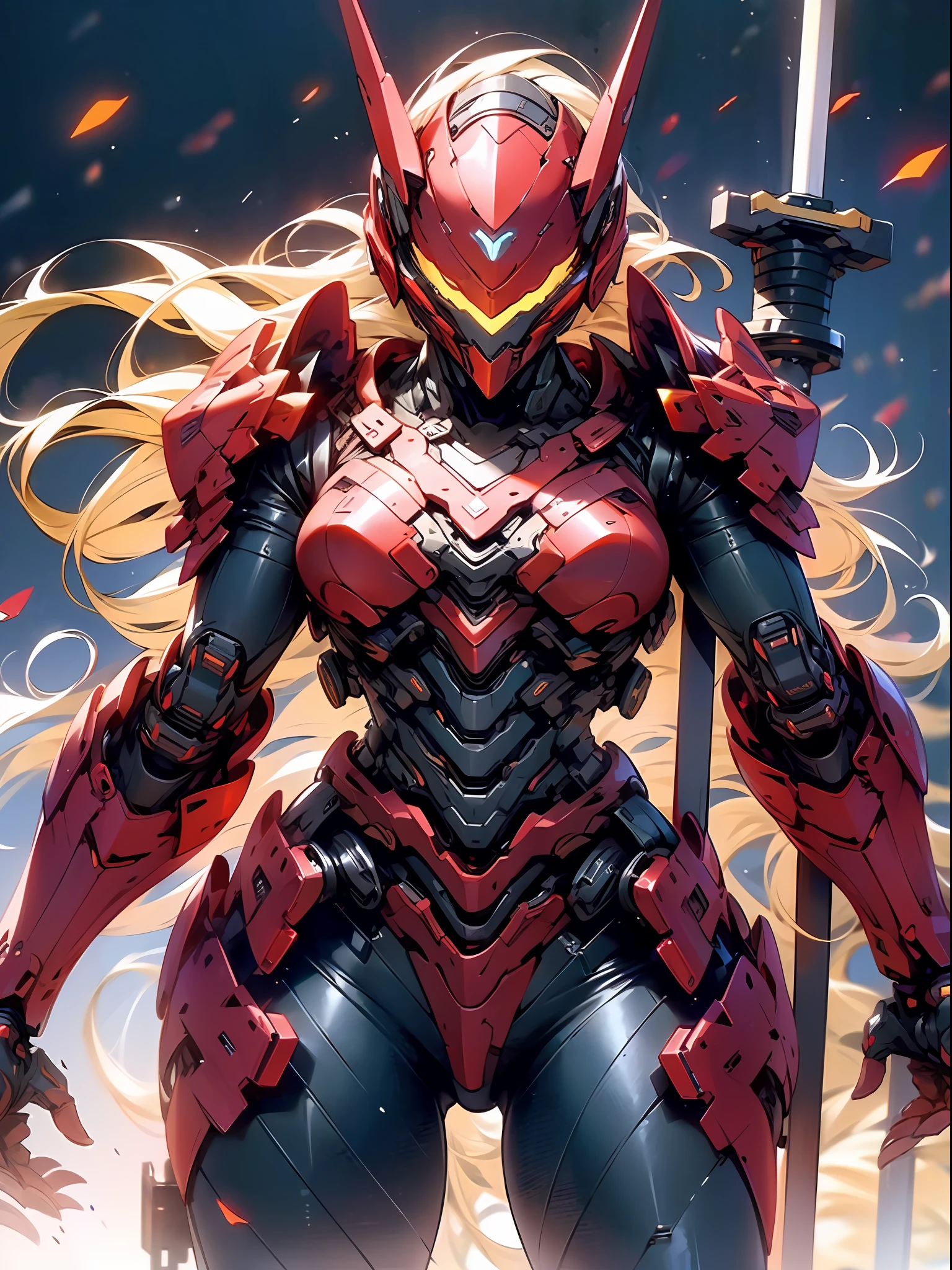 (masterpiece,best quality: 1.2),(ultra-detailed face),(no headgear),Her armor glows red as the neon city lights dance across its mechanical surface. Intricate cybernetics empower her movement with inhuman speed and strength. She strides silently through theLower Sectors, the alleyways bathed in the crimson radiance of her futuristic suit. In her grip is an energized longsword, its edges humming with plasma, ready to dispense justice. She is the guardian that watches over this city, though few know her name. Criminals whisper rumors of the Crimson Knight, a cybernetically enhanced warrior sworn to protect the innocent. They speak of her inhuman reflexes and her blazing sword that cuts through any defense. How she appears from the shadows, a blur of red bringing swift judgment. Tonight her sensors have detected injustice brewing once more in these lawless streets. As the city sleeps, she alone stands vigilant, a silent sentinel keeping watch. Her cybernetic systems begin to target threats as she prepares to fight for those who cannot defend themselves. The Crimson Knight is ready, and justice will be dealt swiftly tonight.