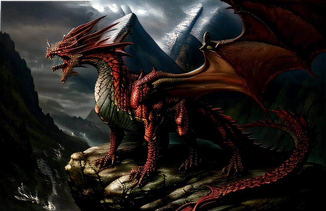 a closeup of a dragon on a rock with a mountain in the background, red dragon, a red dragon, european dragon, european four-legged dragon, oil painting of dragon, D&D