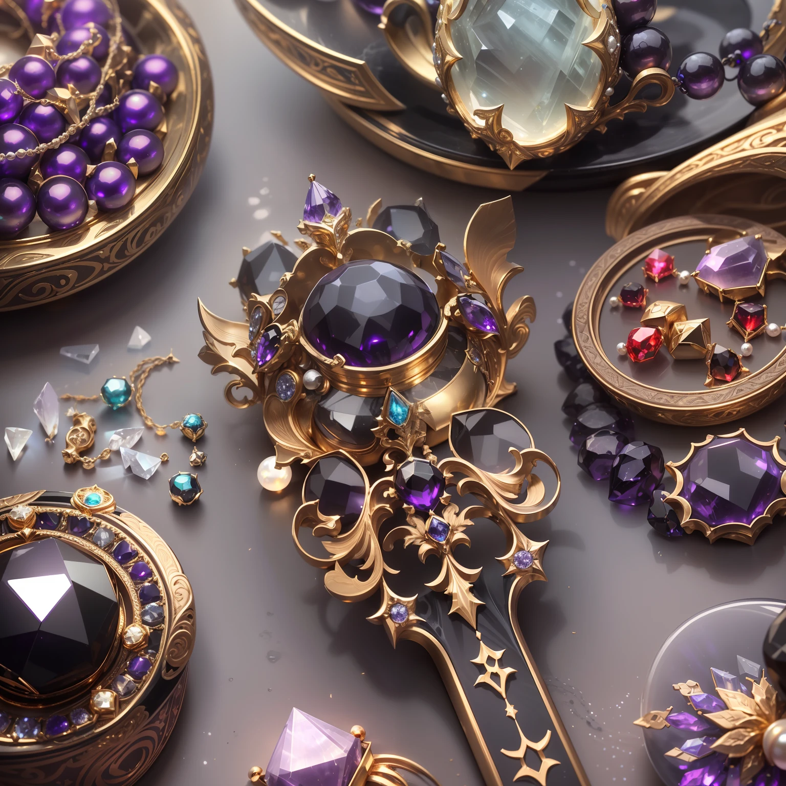 in the style of futuristic，(Full Focus:2),(Everything is laid out in a display case:1.3)，(ore|Luxury weapons|obsidian|pearls|hisui|white jade|amethyst|sapphires|Gold products|Silver products|Purple gold|Magical jewelry|antiquarian|Red Jewel|Diamond|topaz|:2)，Magic symbols，Magic light particle effect，High-tech luxury， High-value jewelry,，High-value metals，luxury goods，Puzzles are prohibited, Detailed and complex background, glittery, reflective light, hyper HD, Award-Awarded, A high resolution, High detail, Chiaroscuro, Cinematic lighting, Masterpiece, Ray traching，structurally correct, Super detail, High quality, High details, Best quality, 16k