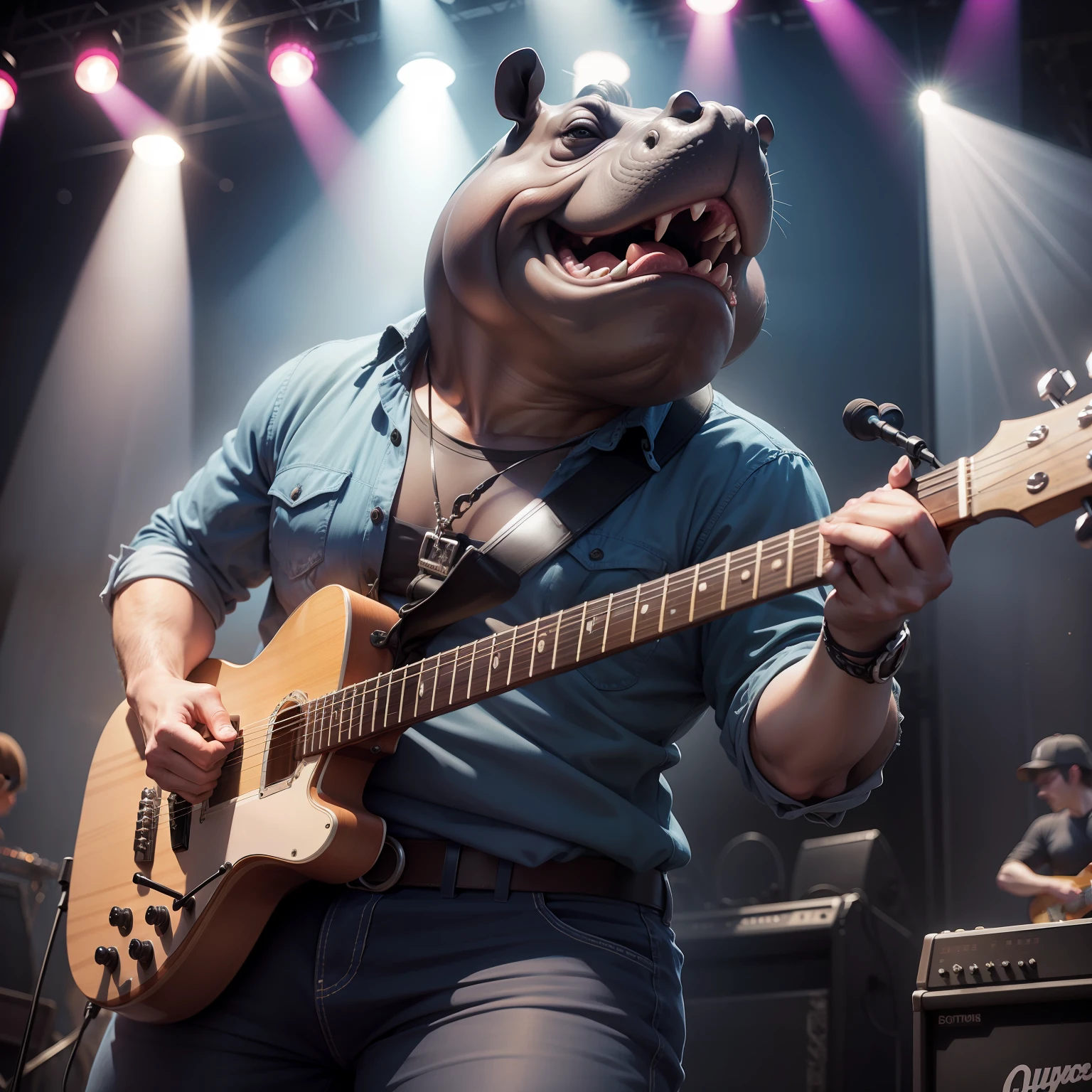 A swinging hippopotamus playing a guitar on a stage