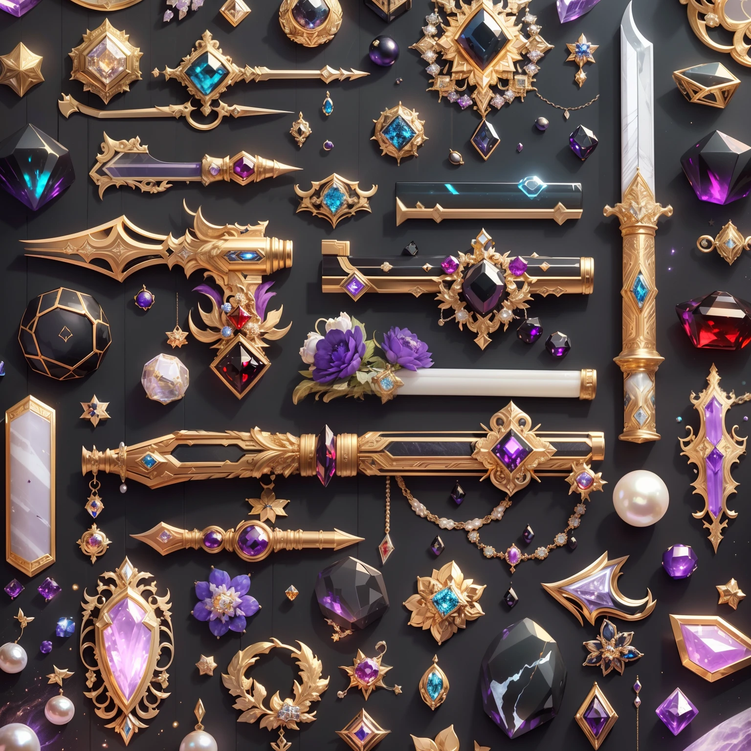 in the style of futuristic，(Full Focus:2),(Everything is laid out in a display case:1.3)，(ore|Luxury weapons|obsidian|pearls|hisui|white jade|amethyst|sapphires|Gold products|Silver products|Purple gold|Magical jewelry|antiquarian|Red Jewel|Diamond|topaz|:2)，Magic symbols，Magic light particle effect，High-tech luxury， High-value jewelry,，High-value metals，luxury goods，Puzzles are prohibited, Detailed and complex background, glittery, reflective light, hyper HD, Award-Awarded, A high resolution, High detail, Chiaroscuro, Cinematic lighting, Masterpiece, Ray traching，structurally correct, Super detail, High quality, High details, Best quality, 16k