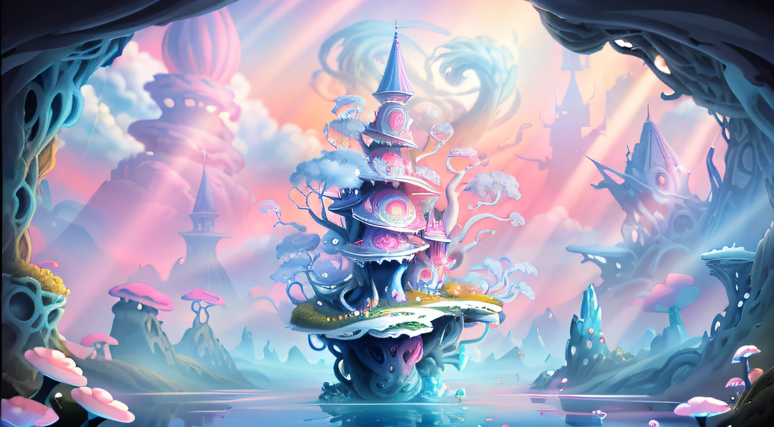 （hight contrast）， Color fantasy style Surreal view of clouds， Tom Frowder， Winner of the Surrealist Art Competition， dream-like， Pink clouds， rainbowsky， fluffly， whimsically， Abstract clouds， fanciful， dreamworld， surreal scenery， ，mushroom castle， Floating garden， Impossible structure， Secret garden， Dream Journey， Enchanting sky， Mysterious beauty， mythological creatures