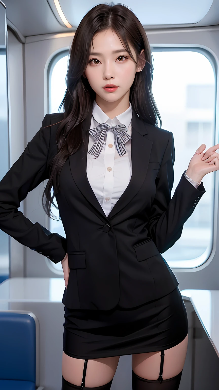 (best qualtiy,4K,tmasterpiece:1.2),Pretty women,1girll,Raised sexy:1.1,Dark black hair:1.1,Woman in flight attendant suit,Soaked flight attendant suit,Super detailed face,Detailed lips,A detailed eye,二重まぶた,Black mini skirt white stockings,Stand up