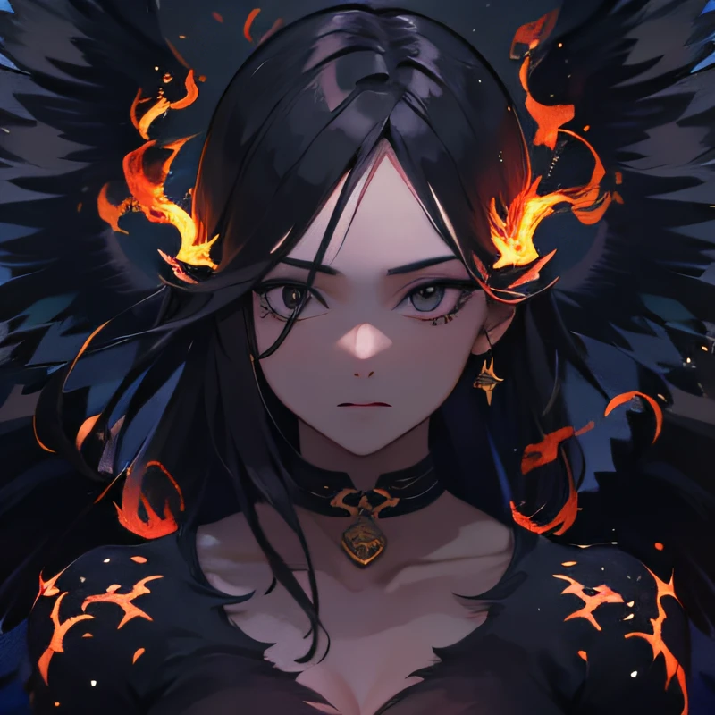 (hyper-detailing,CG,Solidarity,8k wallpaper),(tmasterpiece),(photorealestic),black aura,(realisticlying:1.2),(RAW photogr:1.2),(best qualtiy:1.2),(Detailed face:1.3),(Detailed body:1.3)Black Ninja,dark fantacy,(美丽细致的眼睛,Black colored eyes,vacant eyes:1.2),Fire around,(detailed hair),1girll,(the angel's wings:1.4),Fire around,(cabelos preto e longos:1.3),hold a cat