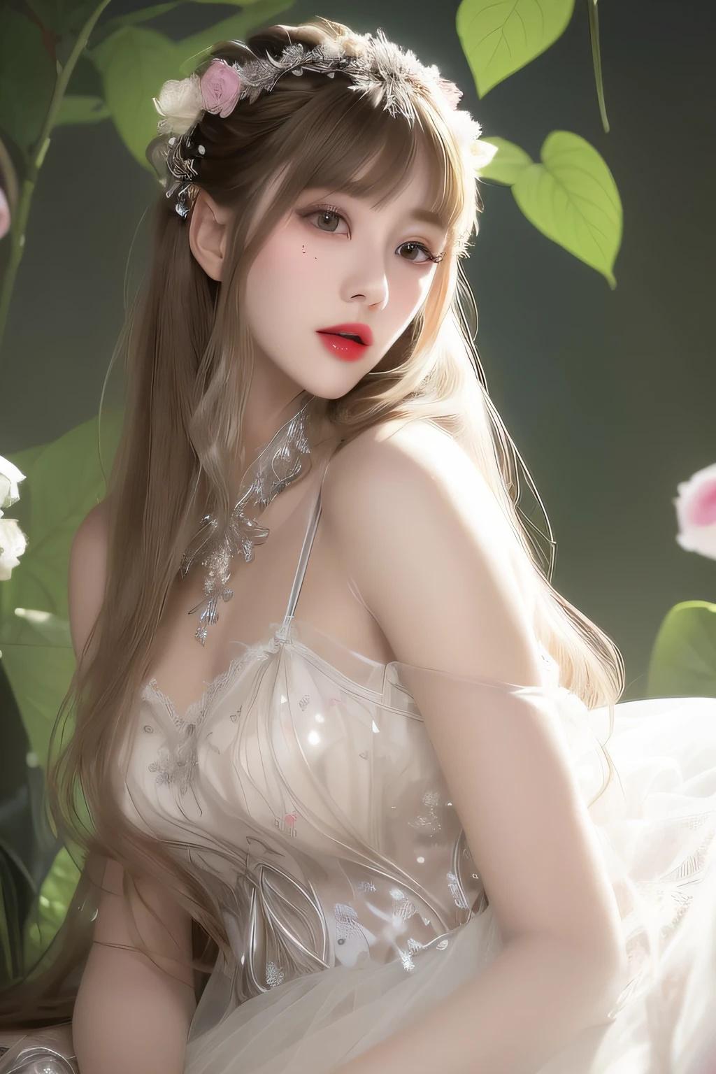 A woman who is,long whitr hair,Redlip,Long legs,Melon seed face,White lace pajamas,Tulle clothes,Looming,ultra - detailed,A high resolution,The is very detailed,Beautiful detailed girl,very detailed eyes and faces,Beautiful detailed eyes,light in face,cinmatic lighting,full bodyesbian,full body shot of
