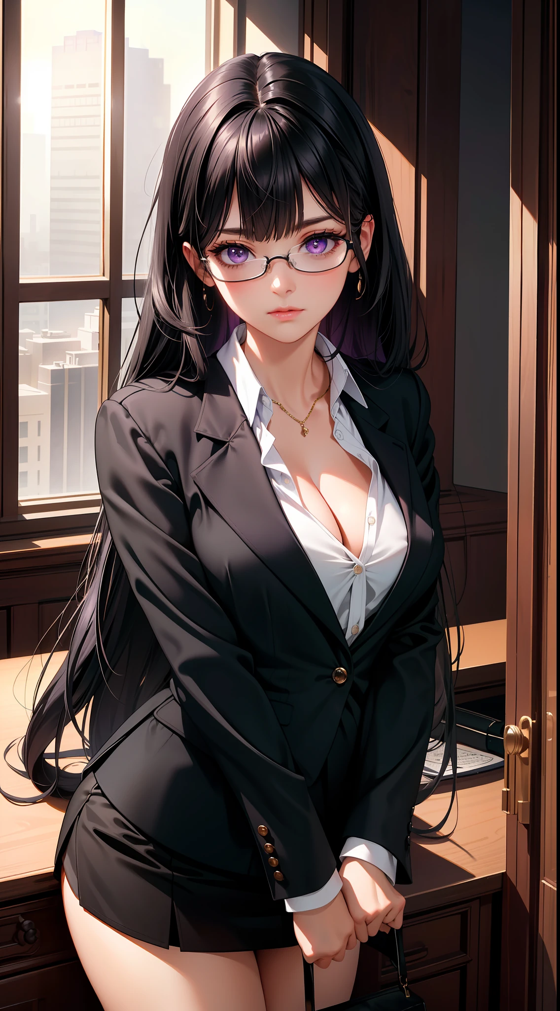 (Best quality:1.1), (Masterpiece:1.2), Highqualityshadow, Beautiful detailed, Beautiful face, Detailed eyes, Depth of field, A high resolution, Best shadow, Best illumination, 1girll, view the viewer, Black hair, Blunt bangs, Long hair, Purple eyes, Shy, Large breasts, Miniskirt, blouse, Blazer, Pump, Office Lady, Glasses,cleavage