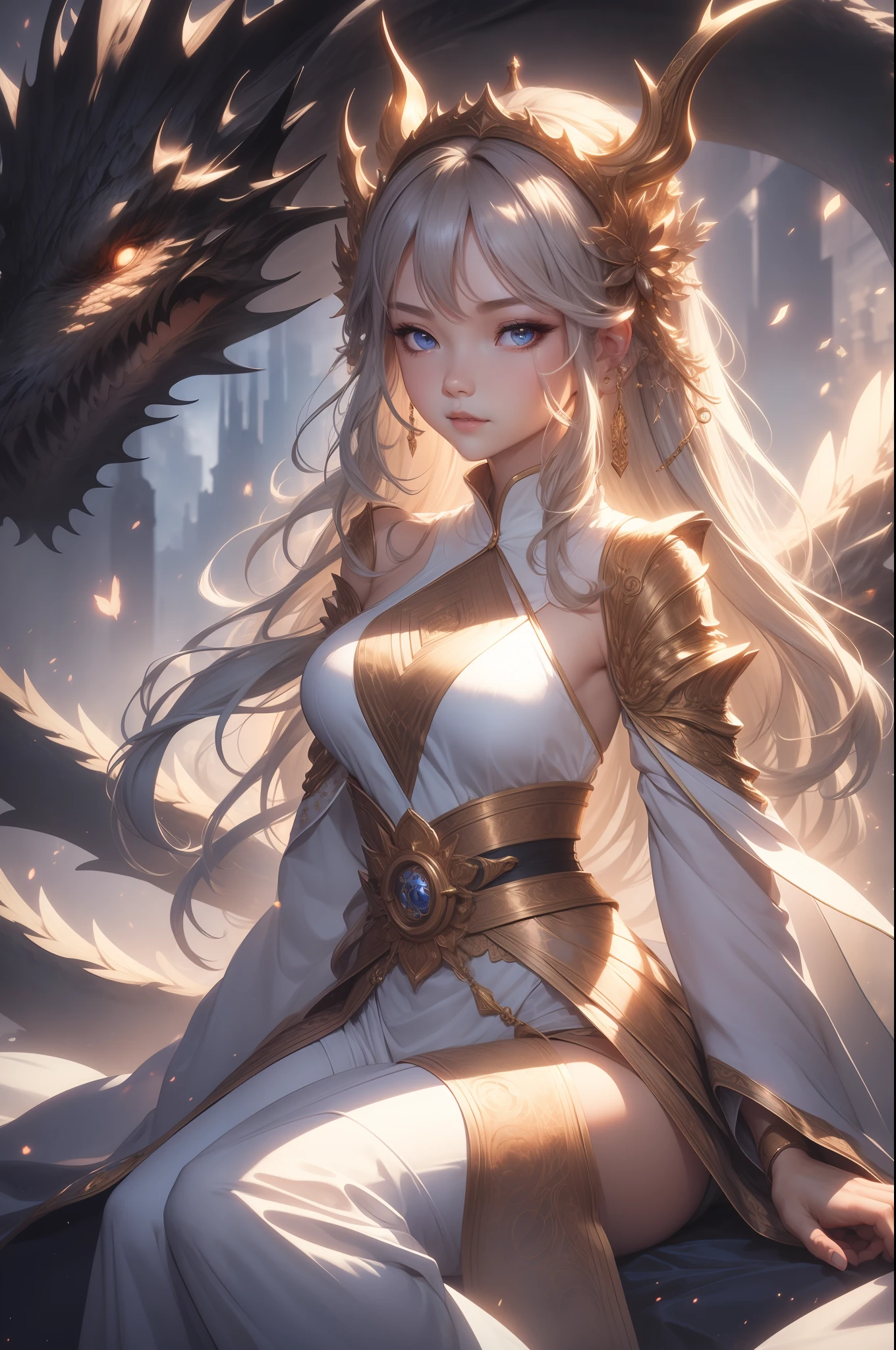 1girl, goddess, divine, noble, fairytale, sitting, detailed face, detailed eyes, loong, loong,