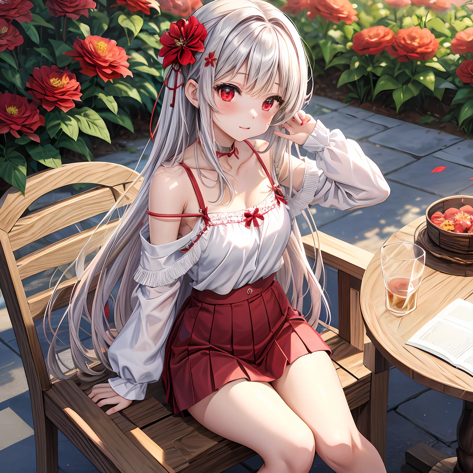 silber hair、red eyes、One pretty girl、独奏、animesque、flower  field、red blush、White camisole、a miniskirt、Sitting on a chair、Underwear is slightly visible