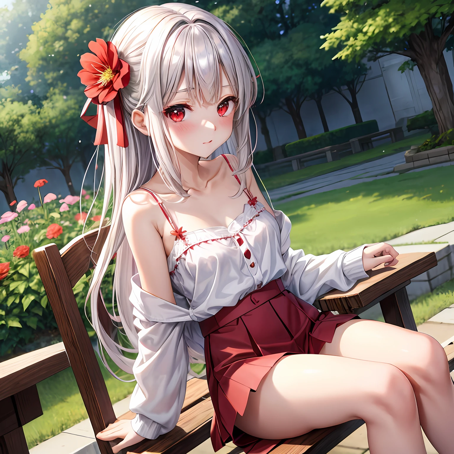 silber hair、red eyes、One pretty girl、独奏、animesque、flower  field、red blush、White camisole、a miniskirt、Sitting on a chair、Underwear is slightly visible