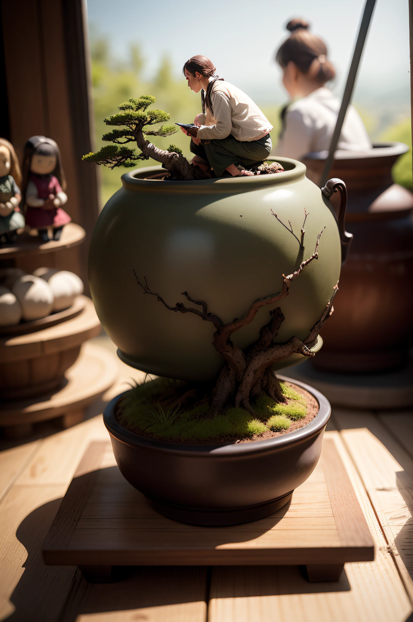 bonsai, There are scenes and landscapes on the pot with dolls on top of the realistic one, photography of, Studio lighting, Photographed by a Phase One camera, HDR clarity detail, Hyperfocal length, 8K, Ultra photo realsisim