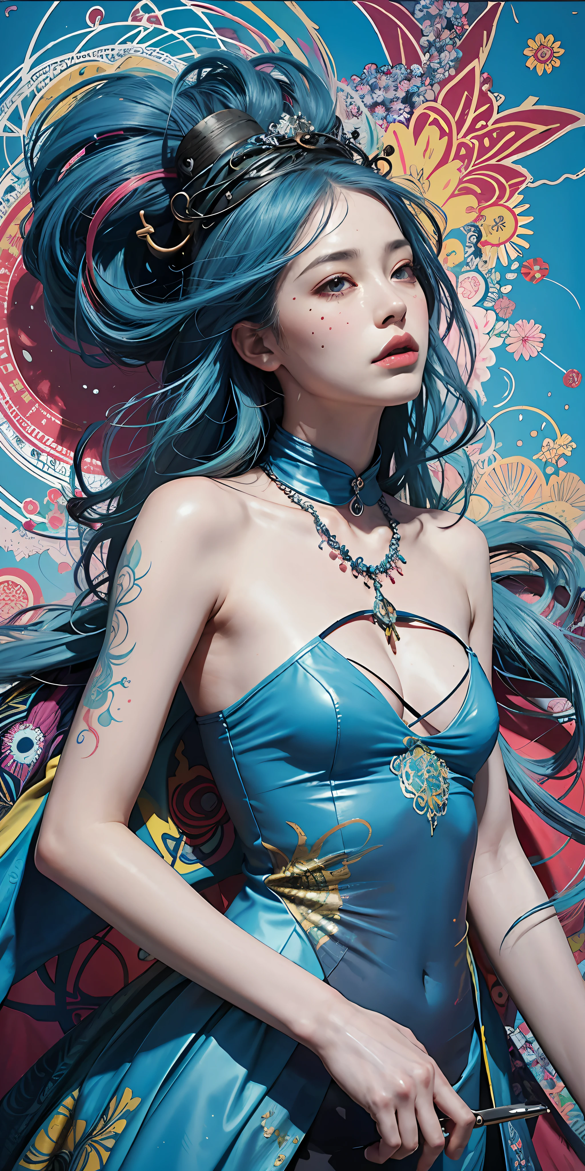 a woman with blue hair wearing a colorful outfit and a colorful background with paint splatters on it, by Hirohiko Araki,official art, unity 8k wallpaper, ultra detailed, beautiful and aesthetic, masterpiece, best quality, (zentangle, mandala, tangle, entangle), 1girl, extremely detailed, dynamic angle, cowboyshot, the most beautiful form of chaos, elegant, a brutalist designed, vivid colours, romanticism, by james jean, roby dwi antono, ross tran, francis bacon, michal mraz, adrian ghenie, petra cortright, gerhard richter, takato yamamoto, ashley wood, atmospheric, ecstasy of musical notes, streaming musical notes visible