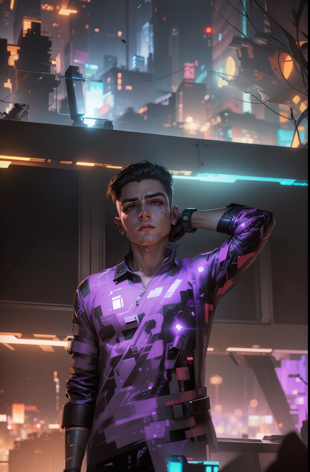 Change background cyberpunk handsome boy, realistic face, 8k, ultra realistic,
