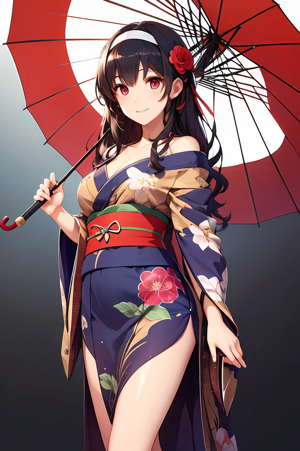 best quality, masterpiece,  ph utaha, 1girl, solo, umbrella, japanese clothes, long hair, kimono, red eyes, black hair, hair ornament, perfect background, hairband, oil-paper umbrella, simple background, breasts, flower, hair flower, floral print, cleavage, geta, standing, smile, bag, ribbon, sandals, wide sleeves, hair ribbon, sash, medium breasts, off shoulder, holding umbrella, obi, bare shoulders, platform footwear