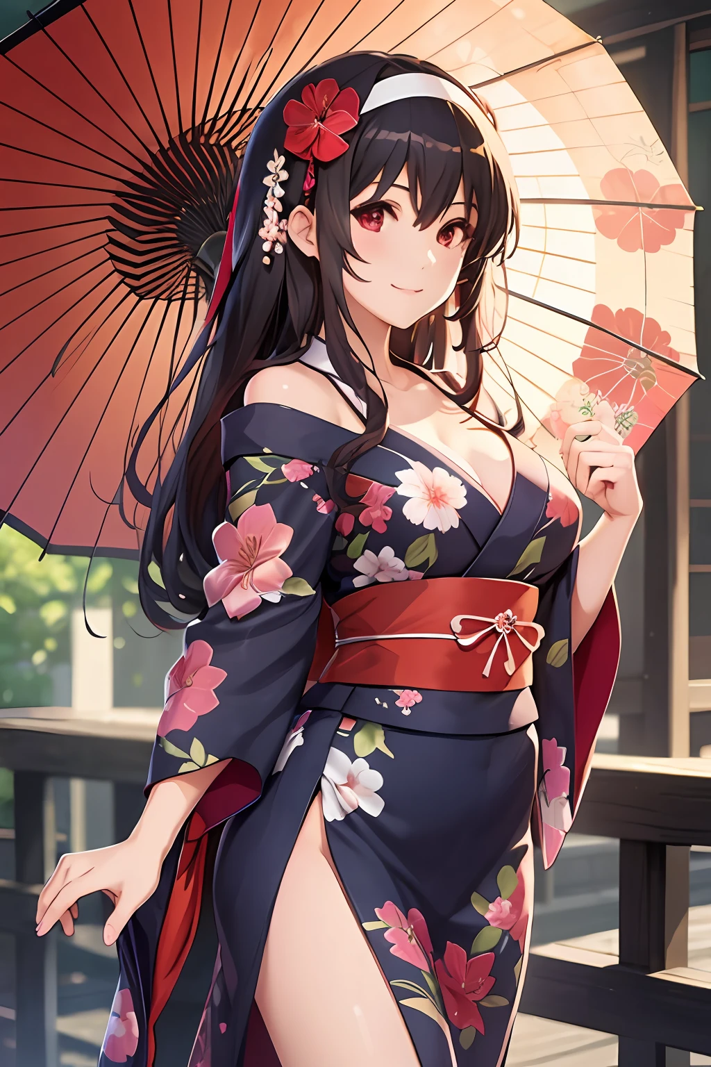 best quality, masterpiece, ph utaha, 1girl, solo, umbrella, japanese clothes, long hair, kimono, red eyes, black hair, hair ornament, perfect background, hairband, oil-paper umbrella, simple background, breasts, flower, hair flower, floral print, cleavage, geta, standing, smile, bag, ribbon, sandals, wide sleeves, hair ribbon, sash, medium breasts, off shoulder, holding umbrella, obi, bare shoulders, platform footwear