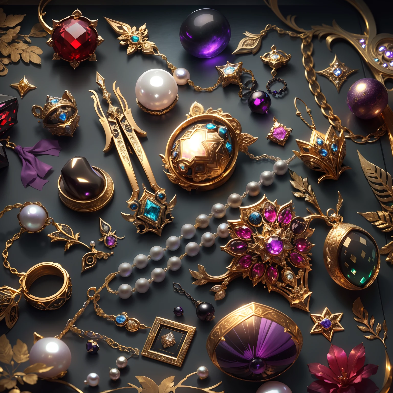 in the style of futuristic,(Full Focus:2),(Everything is laid out in a display case:1.3),(Luxurious silk|medal|ore|Luxury weapons|obsidian|pearls|hisui|white jade|amethyst|sapphires|Gold products|Silver products|Purple gold|Magical jewelry|antiquarian|Red Jewel|Diamond|topaz|:2),Magic symbols,Magic light particle effect,High-tech luxury, High-value jewelry,,High-value metals,luxury goods,Puzzles are prohibited, Detailed and complex background, glittery, reflective light, hyper HD, Award-Awarded, A high resolution, High detail, Chiaroscuro, Cinematic lighting, Masterpiece, Ray traching,structurally correct, Super detail, High quality, High details, Best quality, 16k