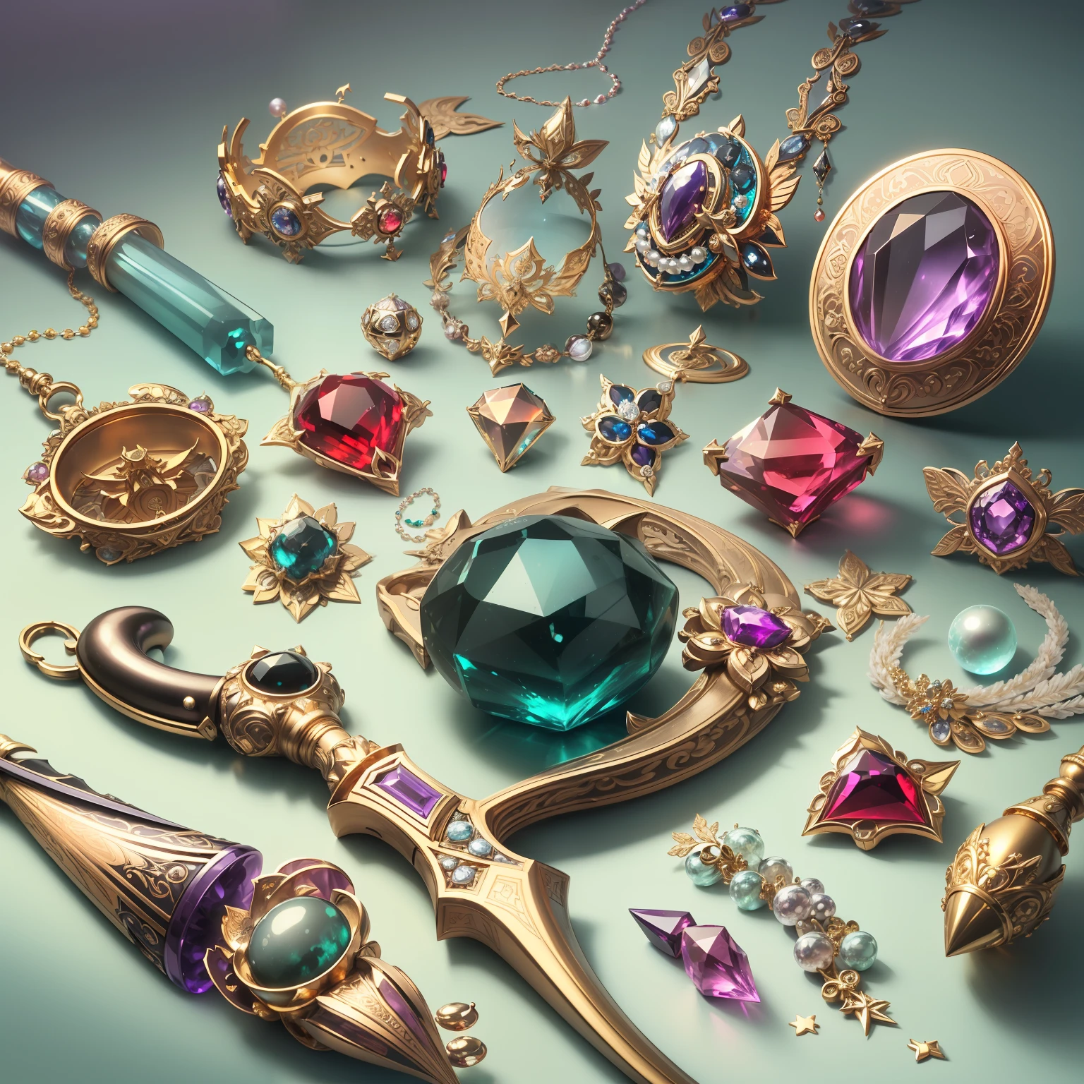 in the style of futuristic，(Full Focus:2),(Everything is laid out in a display case:1.3)，(Luxurious silk|medal|ore|Luxury weapons|obsidian|pearls|hisui|white jade|amethyst|sapphires|Gold products|Silver products|Purple gold|Magical jewelry|antiquarian|Red Jewel|Diamond|topaz|:2)，Magic symbols，Magic light particle effect，High-tech luxury， High-value jewelry,，High-value metals，luxury goods，Puzzles are prohibited, Detailed and complex background, glittery, reflective light, hyper HD, Award-Awarded, A high resolution, High detail, Chiaroscuro, Cinematic lighting, Masterpiece, Ray traching，structurally correct, Super detail, High quality, High details, Best quality, 16k
