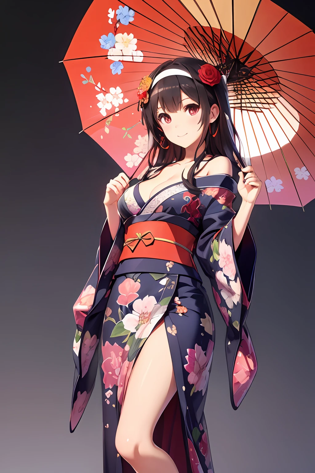 best quality, masterpiece, ph utaha, 1girl, solo, umbrella, japanese clothes, long hair, kimono, red eyes, black hair, hair ornament, perfect background, hairband, oil-paper umbrella, simple background, breasts, flower, hair flower, floral print, cleavage, geta, standing, smile, bag, ribbon, sandals, wide sleeves, hair ribbon, sash, medium breasts, off shoulder, holding umbrella, obi, bare shoulders, platform footwear