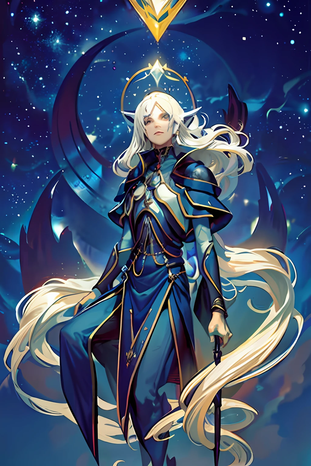 uma imagem de uma mulher em um vestido azul segurando uma espada, Mohrbacher, divindade de cabelos brancos, arte completa, casimiro arte, Astri Lohne, Mago Celestial Lindo, Skinny Masculino Fantasia Alquimista, Eldrazi, pintado no estilo arcano, astral ethereal, Aurelius Sun, Arte do Jogo de Cartas de Fantasia, Inspirado em Kris de Deltarrune