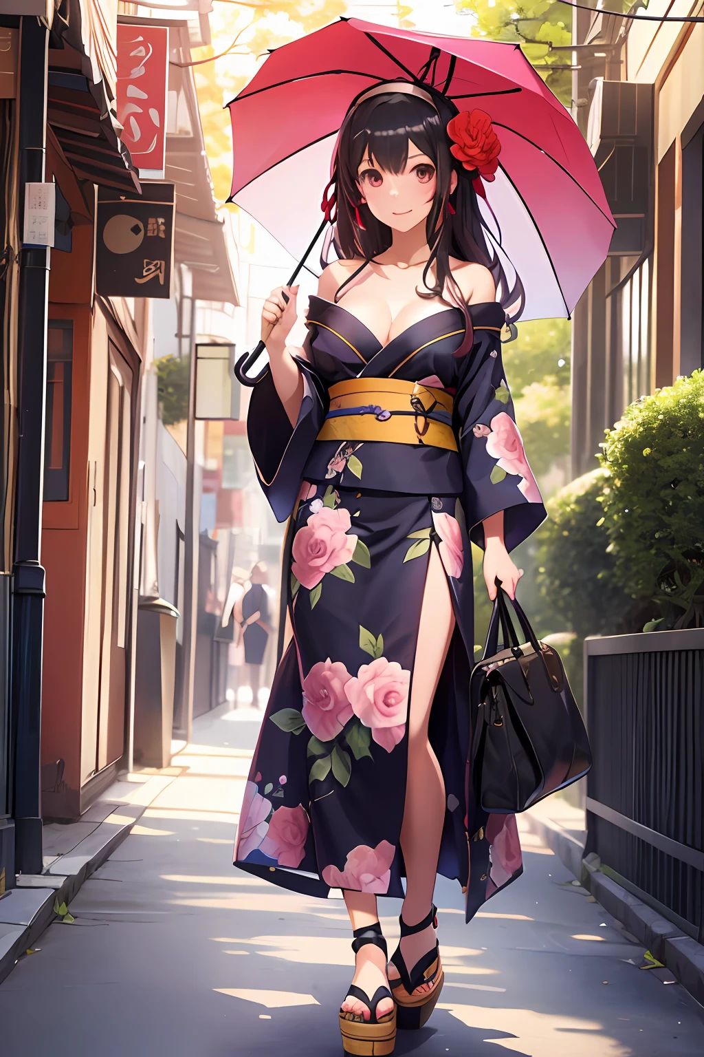best quality, masterpiece, ph utaha, 1girl, solo, umbrella, japanese clothes, long hair, kimono, red eyes, black hair, hair ornament, perfect background, hairband, oil-paper umbrella, simple background, breasts, flower, hair flower, floral print, cleavage, geta, standing, smile, bag, ribbon, sandals, wide sleeves, hair ribbon, sash, medium breasts, off shoulder, holding umbrella, obi, bare shoulders, platform footwear