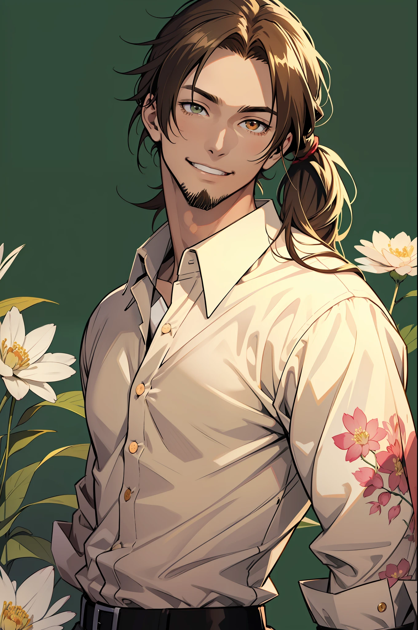 Ultra Detail,High quality,masutepiece,BL anime in Japan,Yaoi,Solo,Green monochrome,Spot Color,1man,beautiful male,Toned_Man's,Brown hair,Long hair,Side Ponytail,Almond Eyes,Light goatee,adam's apple,lightsmile,Collared shirt,button down,flowers background