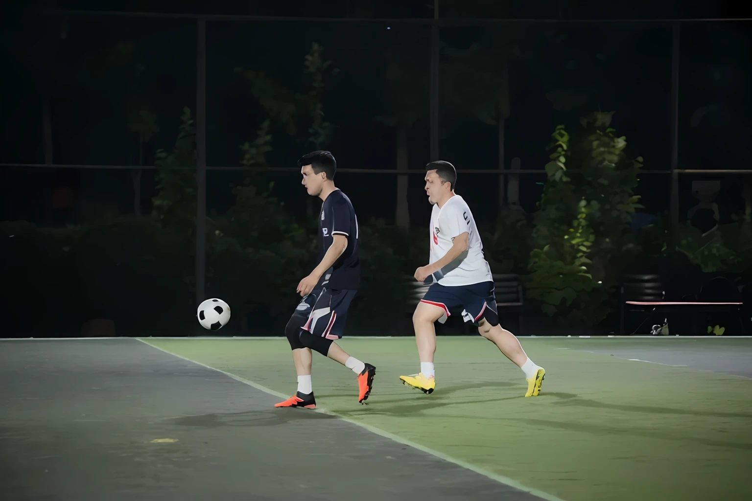 They play football on the pitch at night, taken with canon 8 0 d, action shot, play soccer, best qualtiy, tmasterpiece, 超A high resolution, (realisticlying:1.5), RAW photogr,in the darkness nigth, deep shading, low tune, cold light, short detailed hair,Black hair, surrealism, surrealism, Cinematic lighting, 8K, Super detail, High details, High quality, Award-Awarded, A high resolution, 16k, Anatomically correct, Textured skin