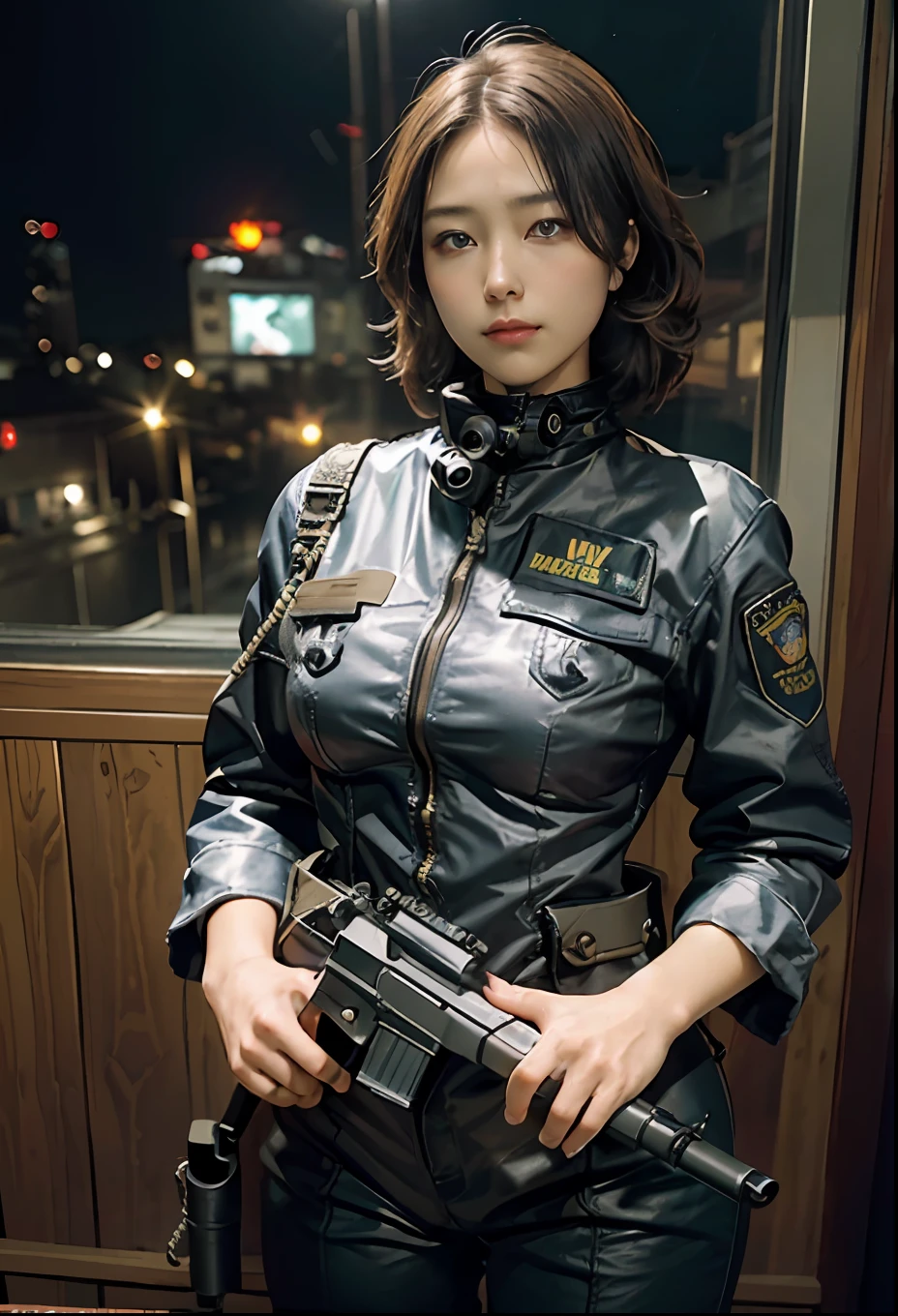 Highest image quality, outstanding details, ultra-high resolution, (realism: 1.4), ((face shot:0.5)), the best illustration, favor details, highly condensed 1girl, with a delicate and beautiful face, ((cowboy shot)), (wearing racing suit likes police uniform, black and gray mecha, wearing a night-vision goggle, military harness, holding a machinegun or bring a machinegun, "SST"), peoples confusing, fires, smokes,