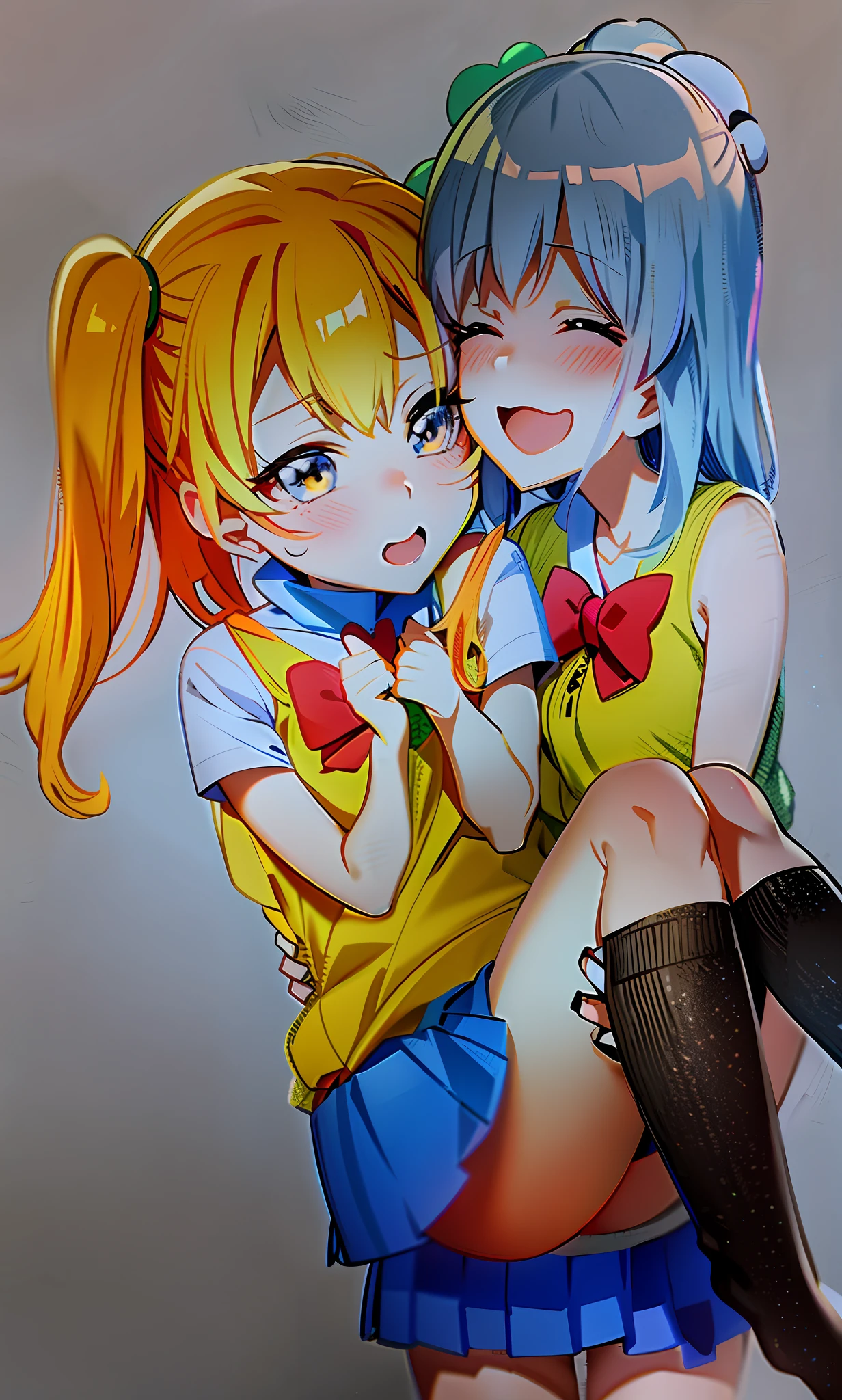 Drawing of a couple of anime characters hugging each other, kissing together cutely, an anime drawing, In anime style, Happy!!!, Twin-tailed, cel shaded anime, cute anime style, two beautiful anime girls, Anime Drawing, by Yuki Ogura, In an anime style, Ecchi anime style, with out shading, Anime Girls, cellshading!!!