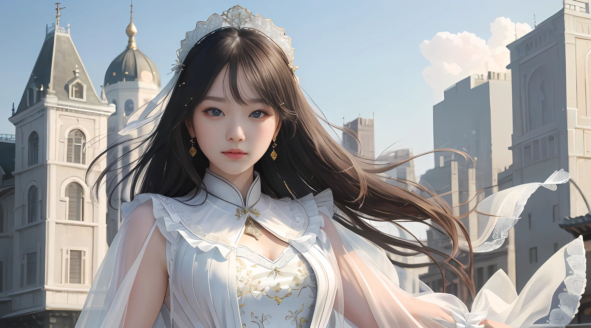 1girll, 独奏, (((very vey very detailed face))),((very detailed eyes and faces))),beatiful detailed eyes,Body parts__,offcial art,Unified 8k wallpaper,ultra - detailed,Beautiful and beautiful,big breasts beautiful,tmasterpiece,best qualtiy,primitive,tmasterpiece,ultra fine photos,best qualtiy,超高分辨率,photorealistic realism,rays of sunshine,full-body portraits,stunningly beautiful,,dynamicposes,delicated face,Vibrant eyes,(From the front side), She wears a Gothic Lolita costume,White suit,Wearing hairpins,Light wind,looking over city,详细的脸,opulent,milkyW,highly detailedskin,Realistic details of skin,Visible pores,Clear focus,volume fog,8K UHD,digital SLR camera,high qulity,filmgrain,White skin of the,photo-realism, semi transparent