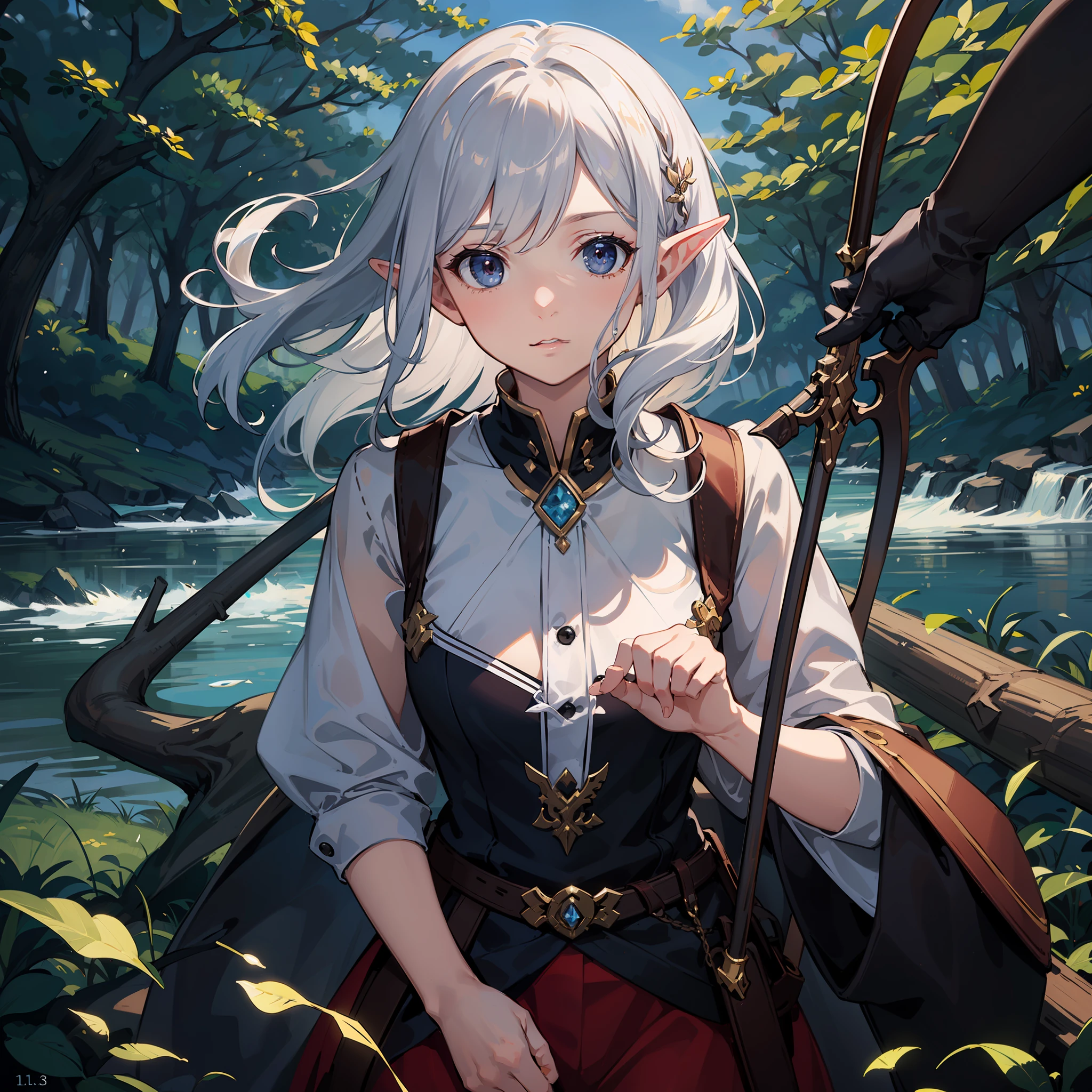 fallen wood,Elves with compound bows:1.5,Elf with a bow:1.5,arrow,hunter,One unicorn, One Girl and One Fairy:1.1,Undulating lakes,deep-forest,Blowing in the wind,Has depth,(4K), (Raw photo: 1.2), (Realism: 1.4), (masutepiece: 1.3), (exquisite detailing: 1.2), Delicate and beautiful details, (Eye Detail), (Facial Detailed), (Highest Quality) :1.4), (Hyper-Resolution: 1.2),(very detailed illustration), Best Quality, depth of fields, Wide light, natural shadows
