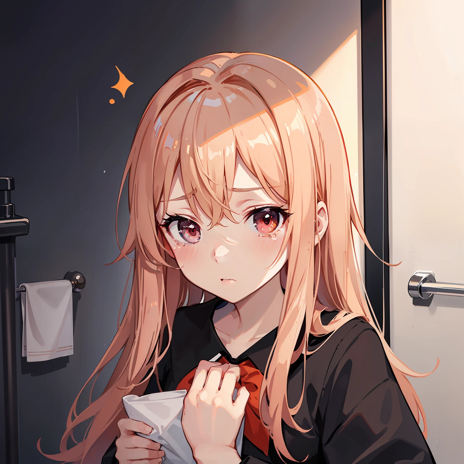 Toilet single room，orange long hair，Pale pink eyes，With a small white triangle decoration on the head，Always wears a black and white school uniform，chiquita，Miss Ghost，She seemed very aggrieved，There were a few tears in the corners of his eyes，As if a little more touch，It's about to fall，The cheeks are a little rosy，But more often than that, there was a faint expression of fear on his face。